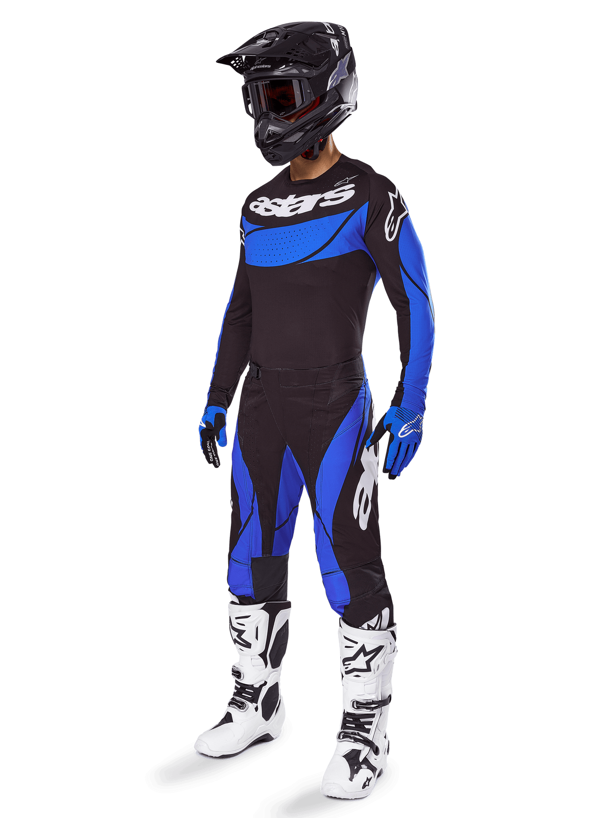 Alpinestars 2025 Techstar Dreem set och tröja, herrmotocrossutrustning, svart och blå, ventilerad terrängkörningsutrustning.