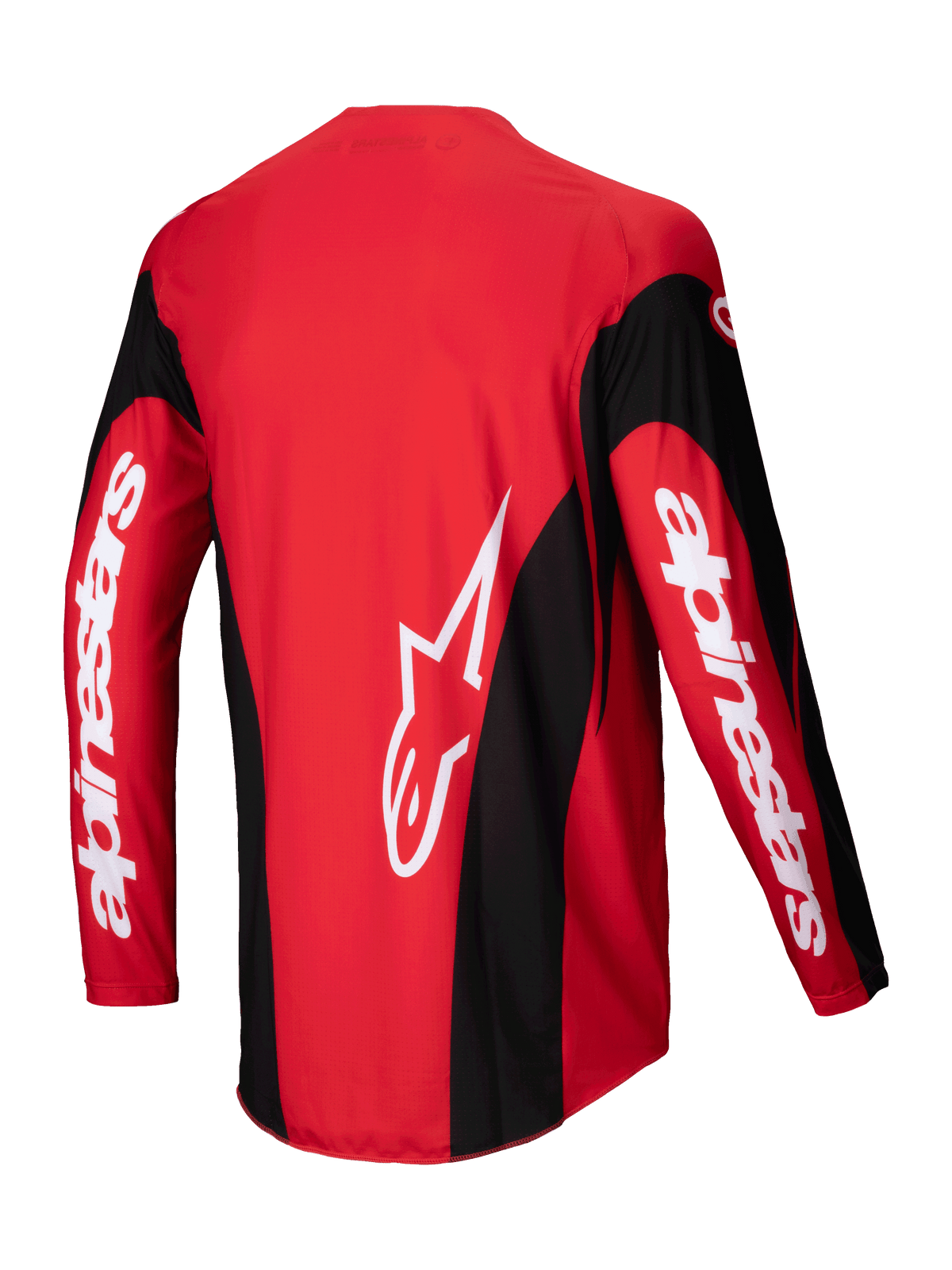 Alpinestars 2025 Techstar Dreem Tröja, motocross-tröja, röd och svart, bakifrån som visar lätt polyvävskonstruktion med stretch och förlängd rygg