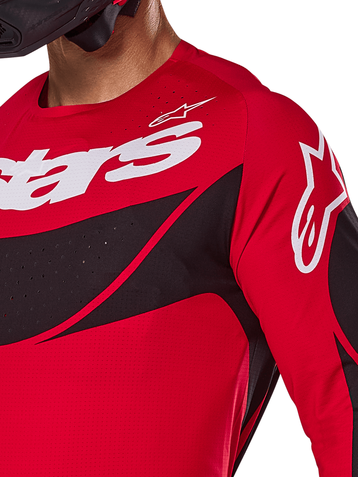 Alpinestars 2025 Techstar Dreem-tröja, motocross-tröja, klarröd och svart, närbild av bröst och axel med vit logotyp, svarta diagonala paneler med laserutskurna perforeringar för ventilation, atletisk tävlingspassform för off-road-prestanda.