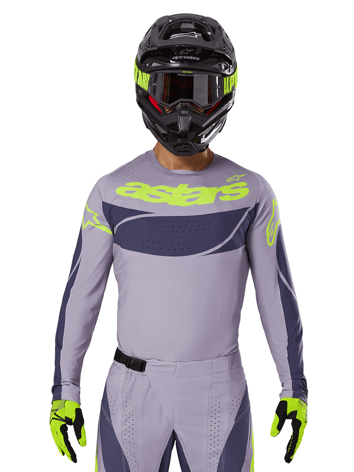 2025 Techstar Dreem Jersey and Gear Set, Motocross racing outfit, light gray and dark gray with neon yellow accents, features 'astars' branding, worn with black helmet, goggles, and matching gloves, technical perforated material for off-road performance