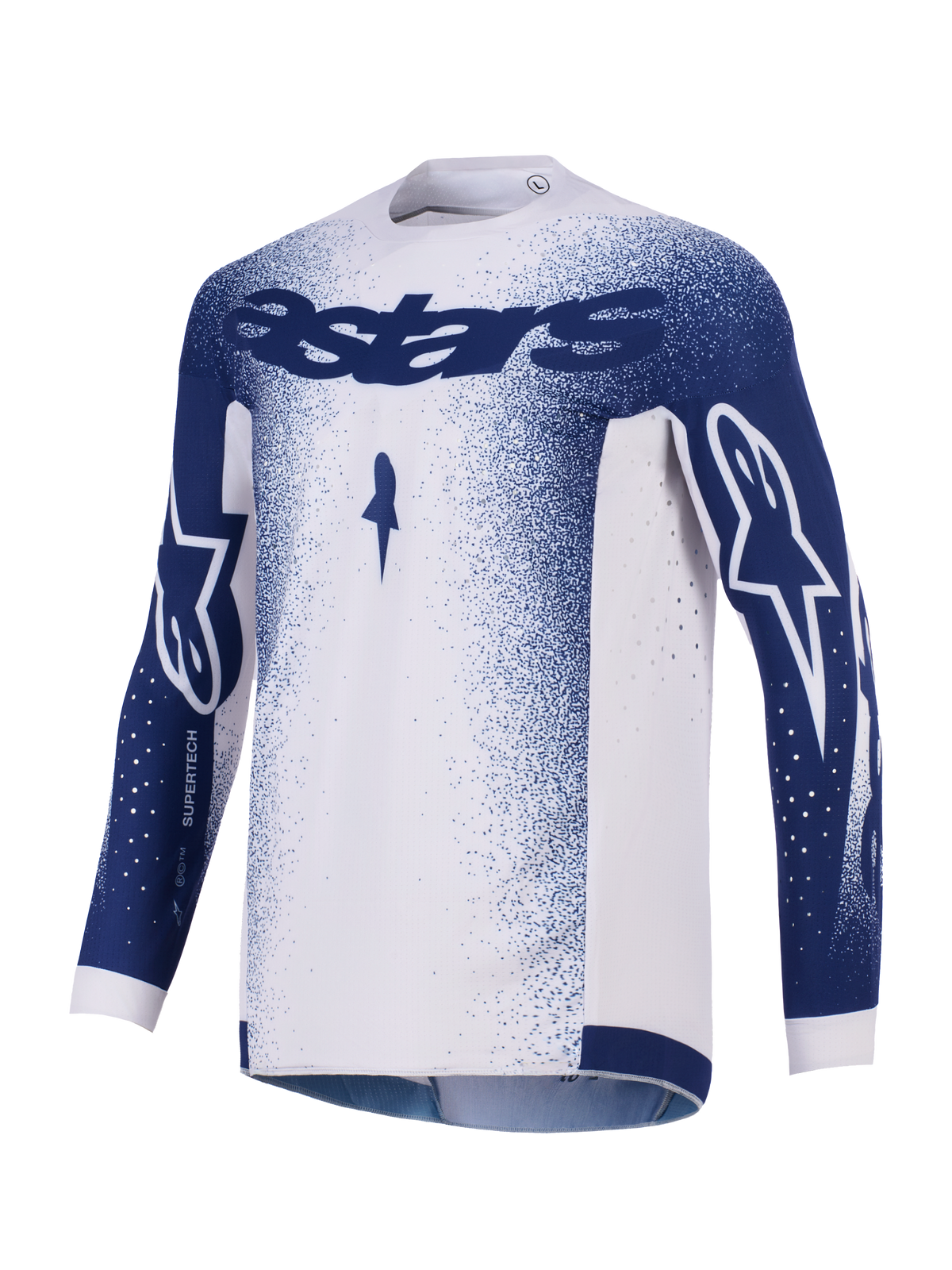 Alpinestars 2026 Supertech Scenz Jersey, motocrosströja, ljusgrå och mörkblå, med mörkblå Astars-logotyp på bröstet och ärmarna, graderat prickmönster, laserskurna perforeringar för ventilation, professionell racingutrustning för terrängkörning