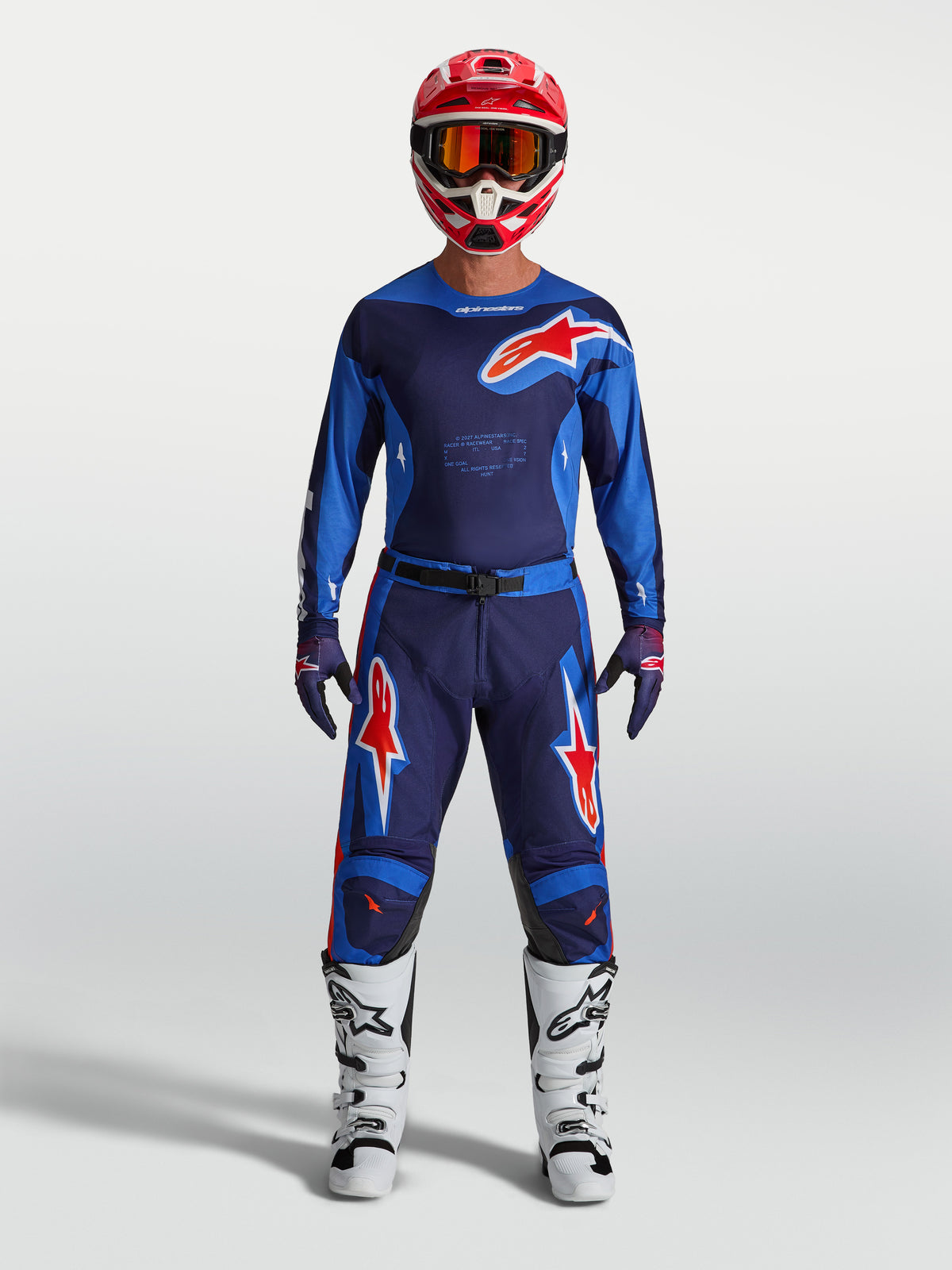 Alpinestars 2027 Racer Hunt tröja och utrustningsset, blå och röd motocrossutrustning för herrar i textilkonstruktion