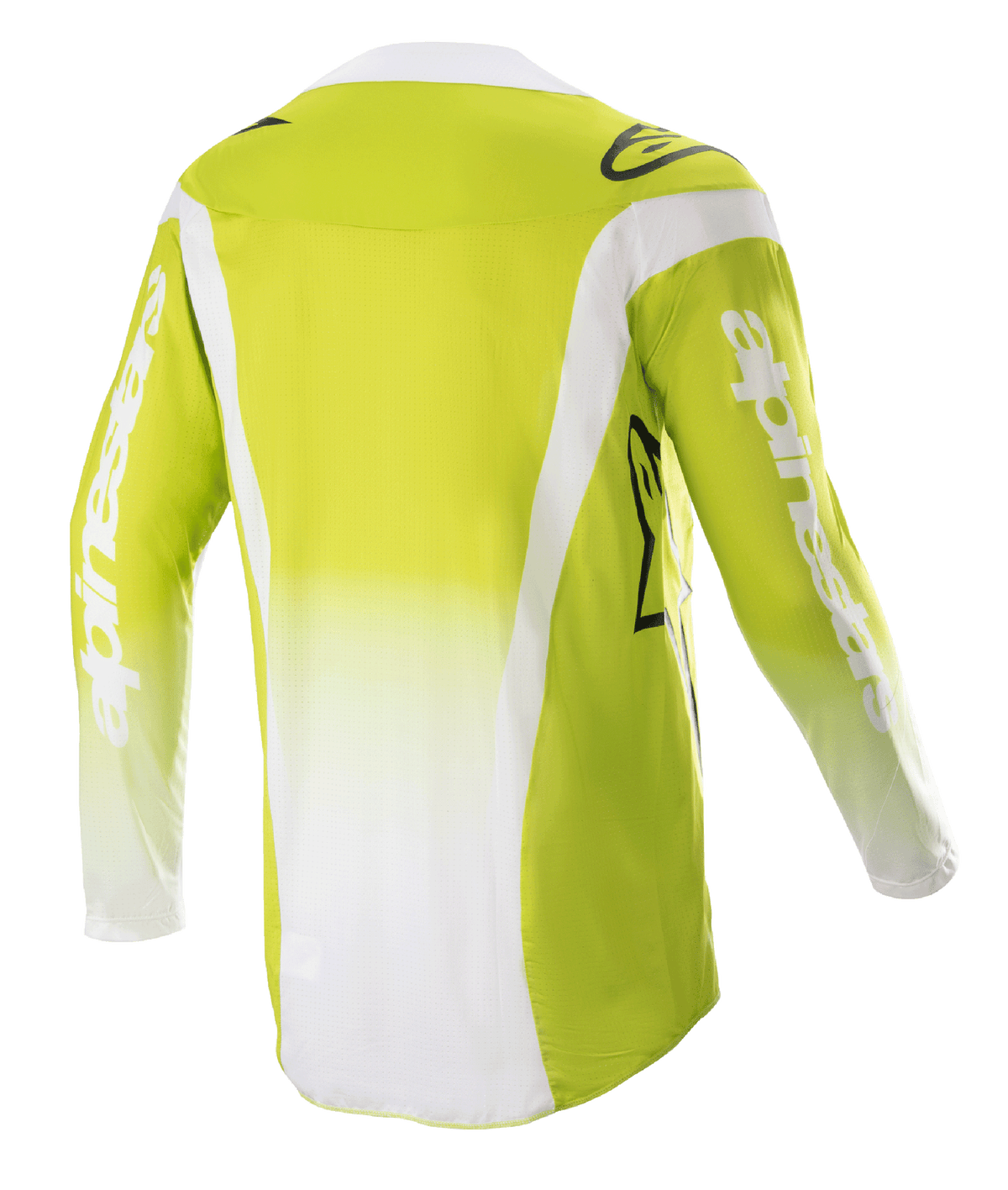 Alpinestars 2023 Techstar Push Jersey, Rear View, Yellow Fluo and White, Long Sleeve Motocross Jersey featuring white side panels and branding on sleeves, technical off-road gear