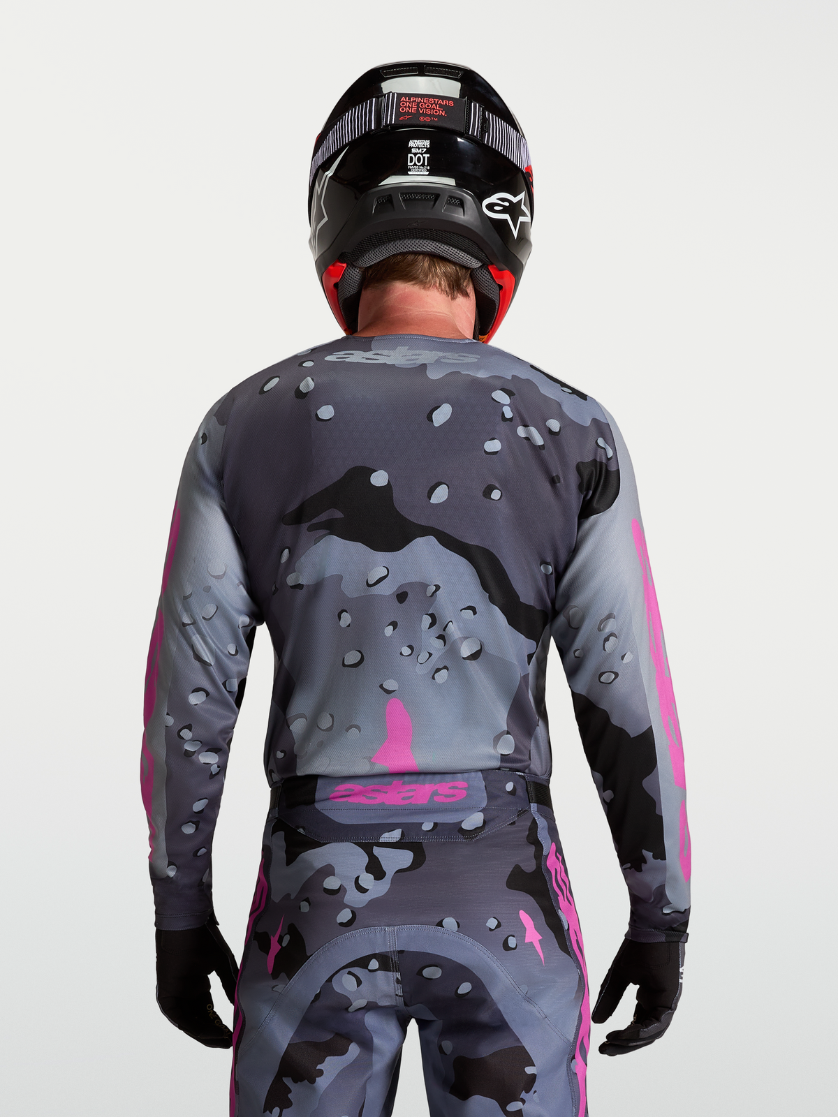 Alpinestars Racer Lone tröja, motocrosströja för herr, grå camo och lila, vy bakifrån, fukttransporterande polytyg
