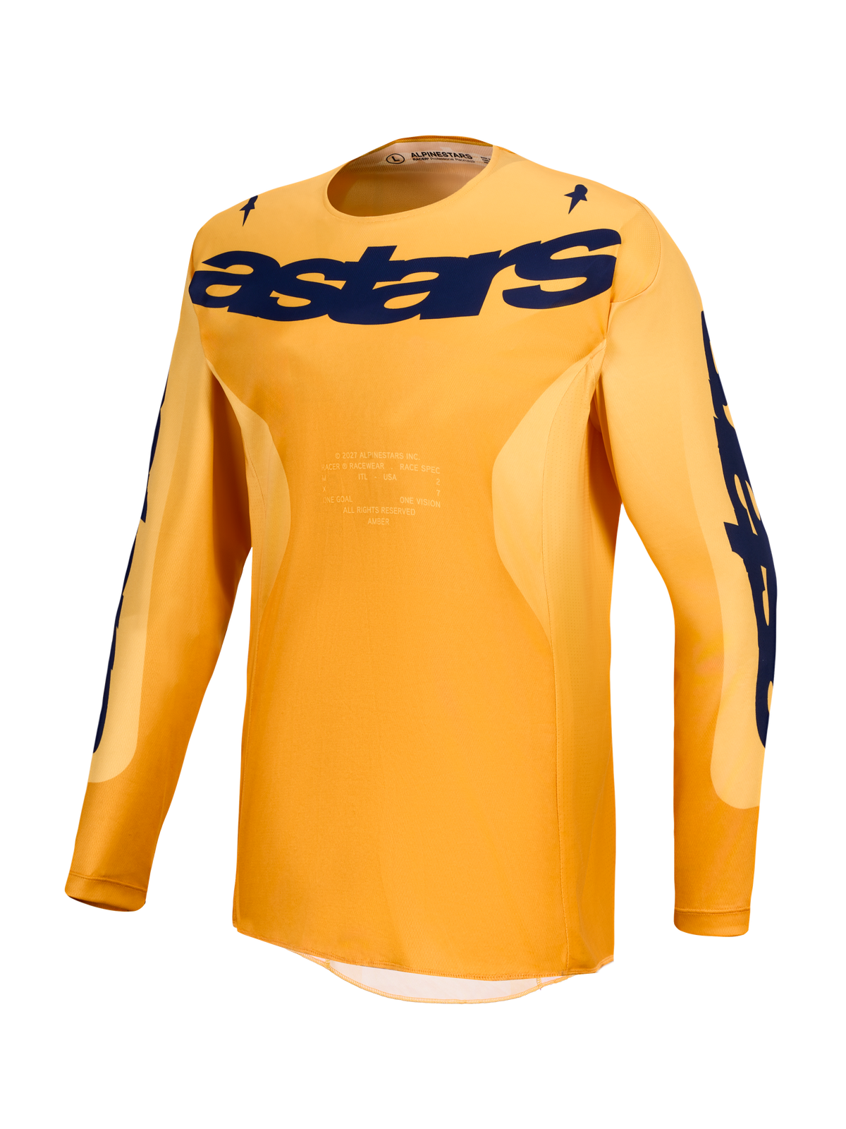 Alpinestars Racer Amber tröja, långärmad motocrosströja i orange och mörkblått, fukttransporterande material med stor astars-logotyp över bröstet, designad för terrängkörning.