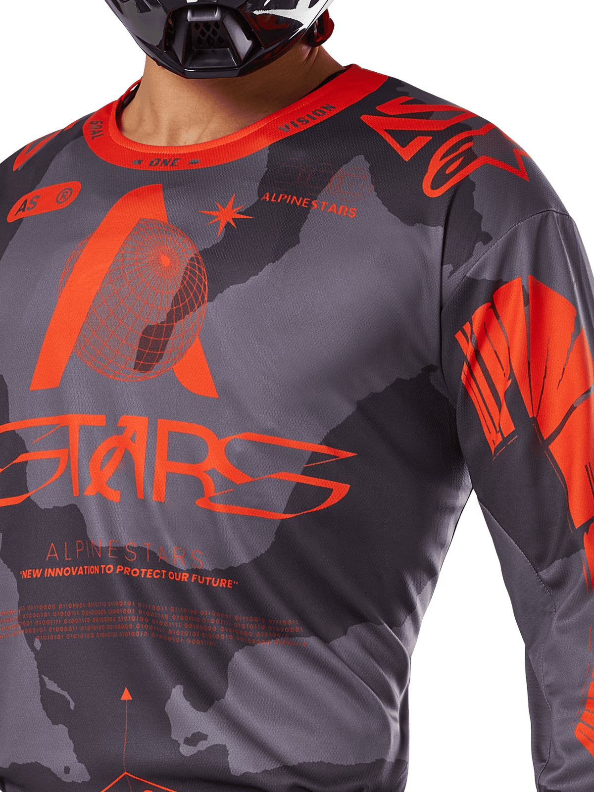 Alpinestars 2025 Racer Hollow tröja, motocrosströja, grått kamouflagemönster och fluorescerande orange, med stor orange Alpinestars-logotyp och teknisk grafik, rundhalsad krage, designad för terrängkörning