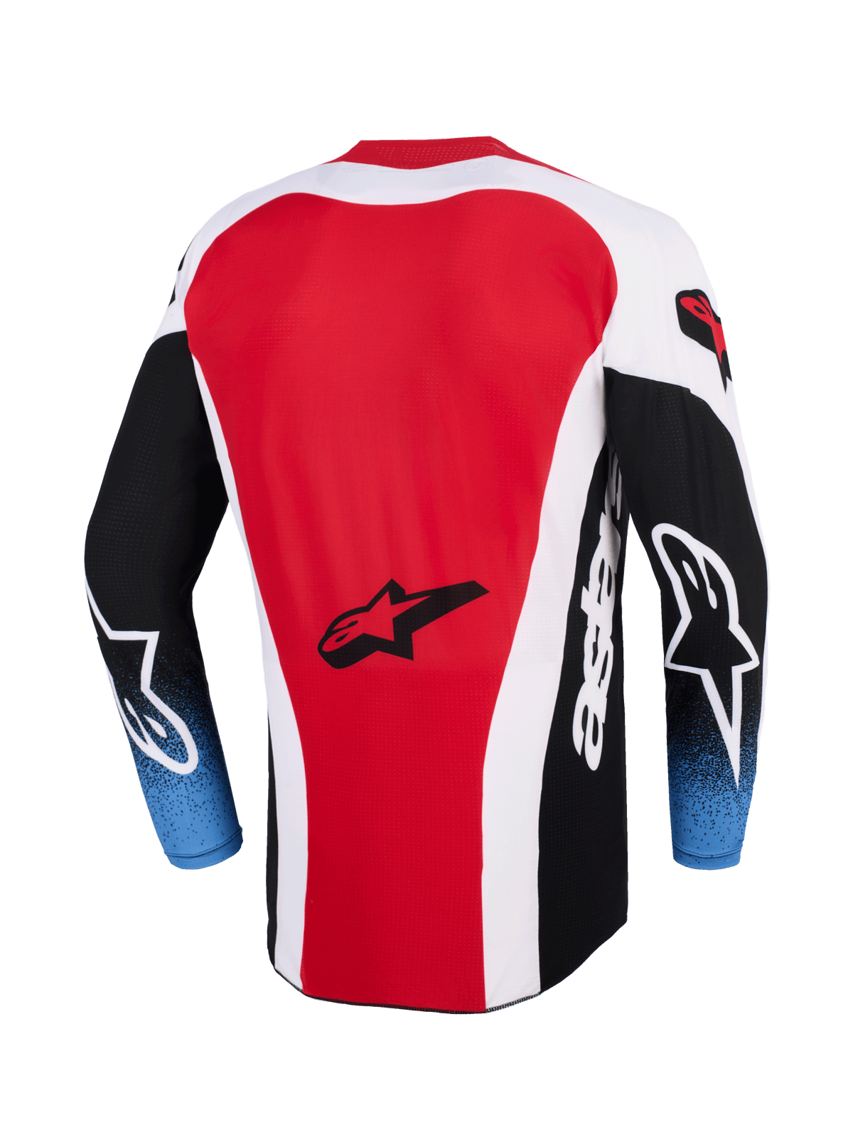 Alpinestars 2026 Techstar Knif-tröja, motocrosströja, röd, vit och svart med blåtonade ärmar, baksida som visar Alpinestars stjärnlogotyp, förlängd rygg, atletisk tävlingspassform för terrängkörning