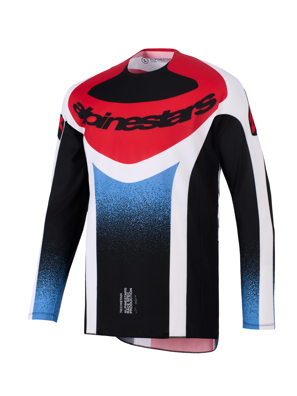 Alpinestars 2026 Techstar Knif-tröja, motocrosströja, svart, vit, röd och blå färgtoning, atletisk tävlingspassform, långärmad funktionsutrustning med tydlig Alpinestars-logotyp på bröstet
