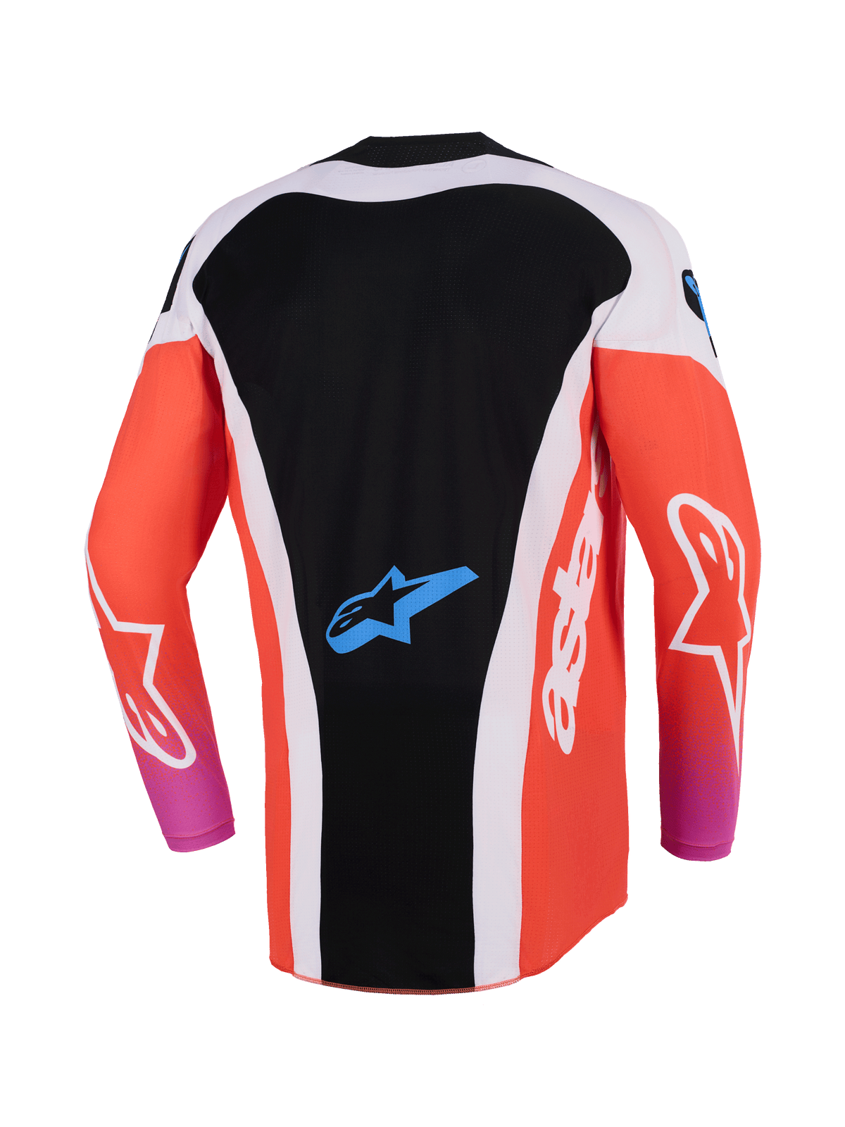 Alpinestars 2026 Techstar Knif tröja, motocrosströja, svart och orange fluo, ryggvy med förlängd ryggdesign, vita sidopaneler, blå Astar-logotyp på nedre ryggen, långa ärmar, högpresterande racingutrustning