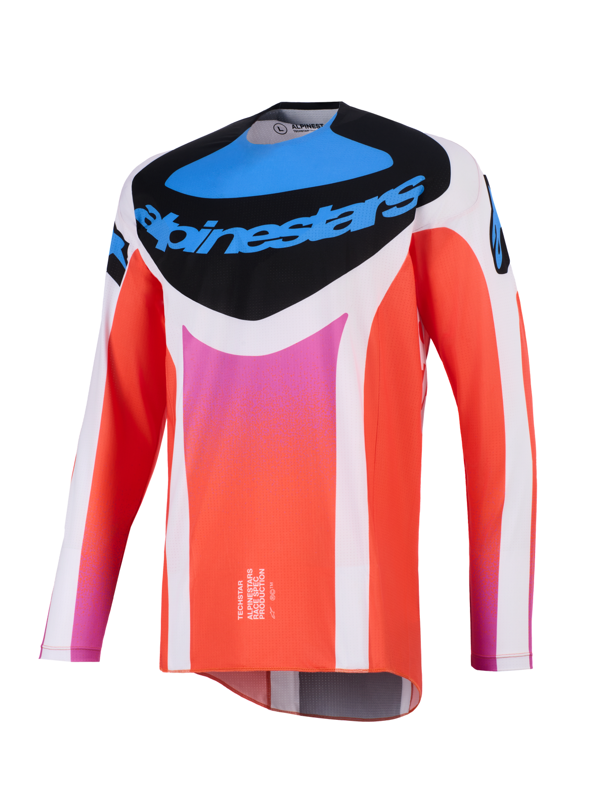 Alpinestars 2026 Techstar Knif tröja, motocrosströja, vit och orange med blå och rosa detaljer, svart bröstpanel med Alpinestars logotyp, teknisk långärmad racingutrustning för terrängprestanda