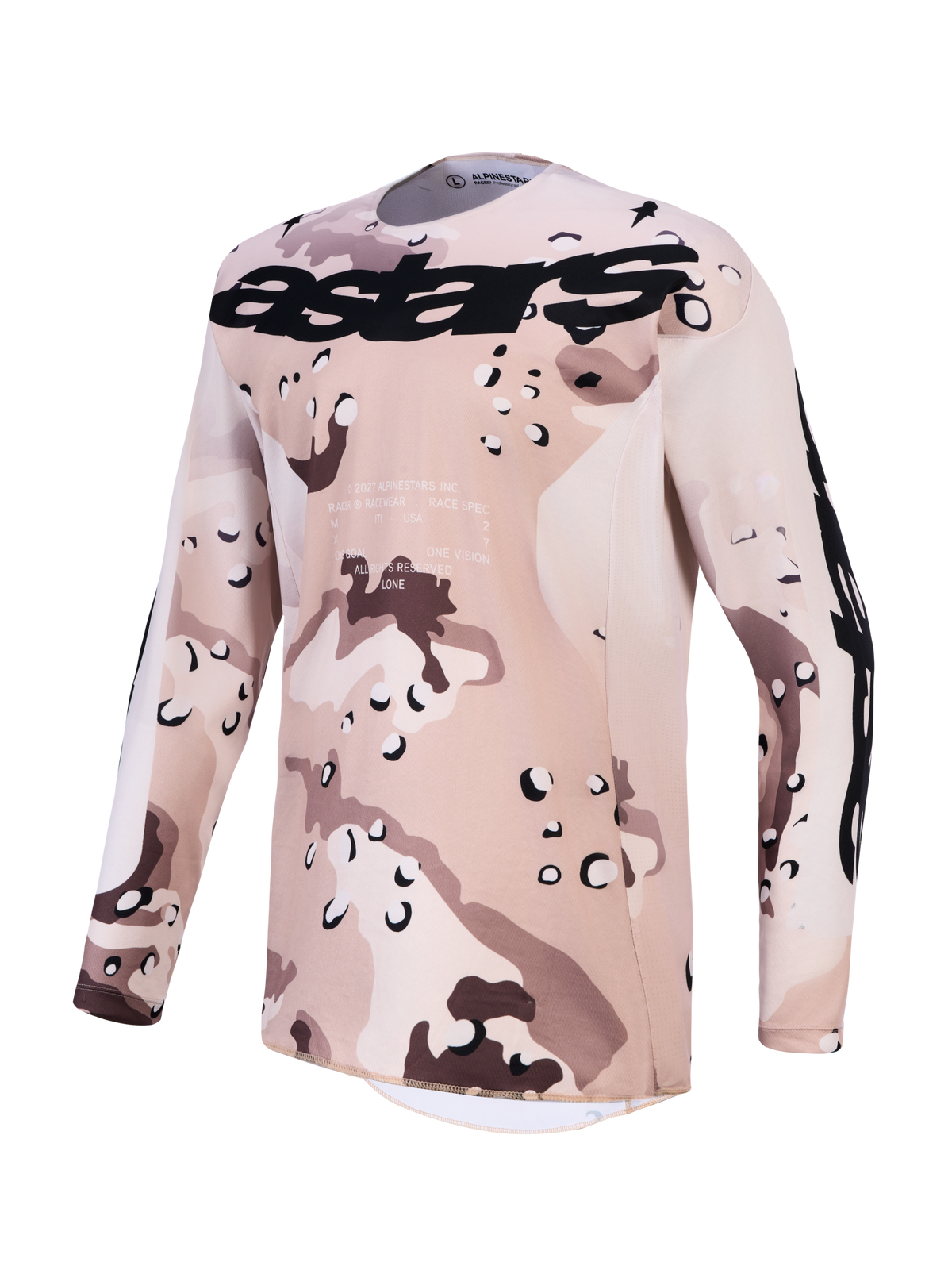 Alpinestars Racer Lone tröja, beige ökenkamouflage motocrosströja för herrar, svart logotyp, fukttransporterande tekniskt material.