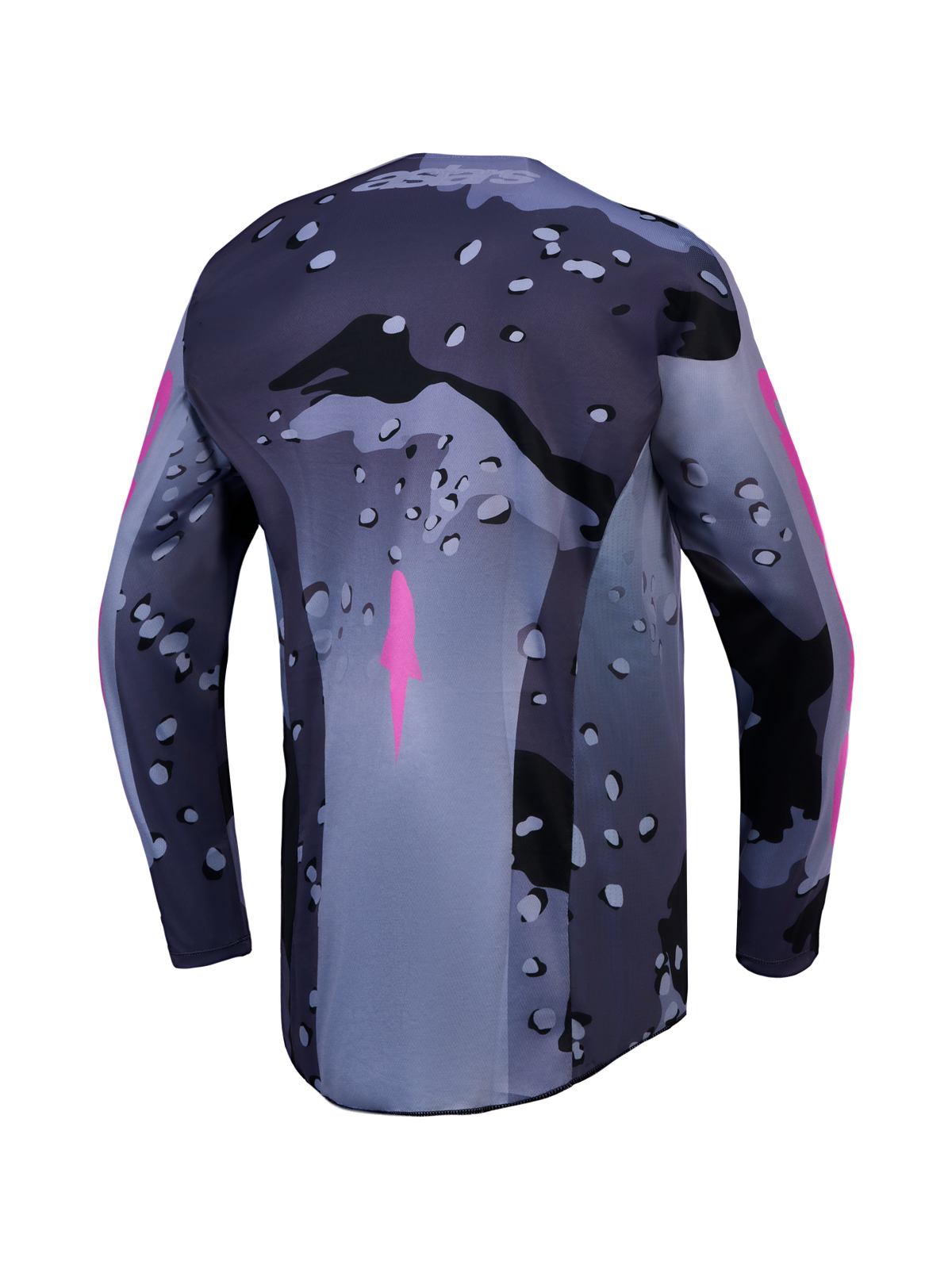 Alpinestars Racer Lone Jersey, Men's Gray Camo and Purple MX Jersey, back view with moisture-wicking polyfabric.