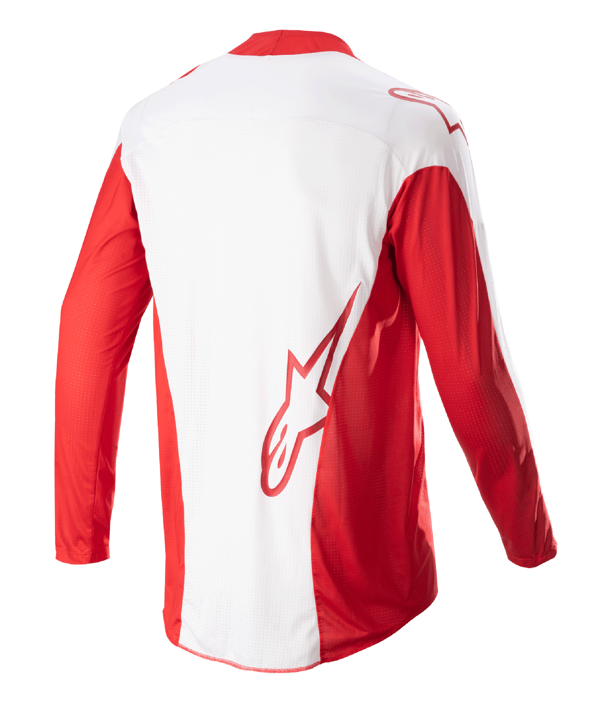 Alpinestars 2023 Techstar Arch Jersey, Motocross Jersey, Mars Red and White, back view showing white center panel and red long sleeves, red Astars logo on the lower back, mesh ventilation panels, and extended rear for off-road racing coverage.