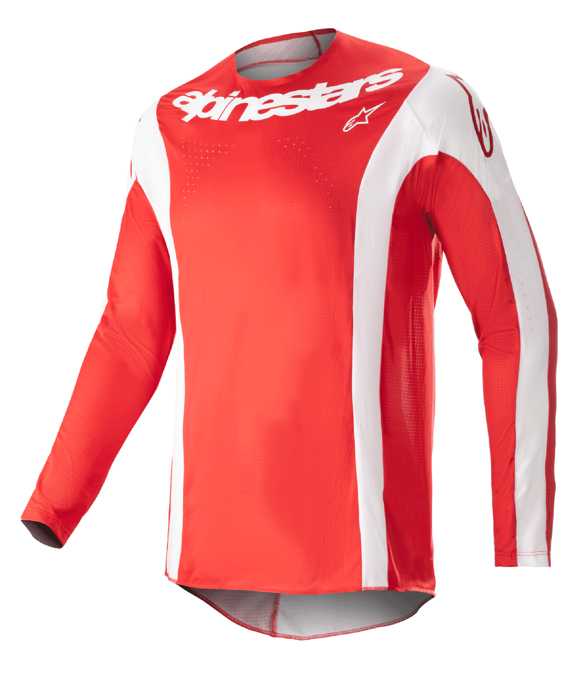 Alpinestars 2023 Techstar Arch Jersey, Motocross Jersey, Mars Red and White, white Alpinestars wordmark on chest, perforated athletic fabric, long sleeves with white accents, sporty design for off-road racing