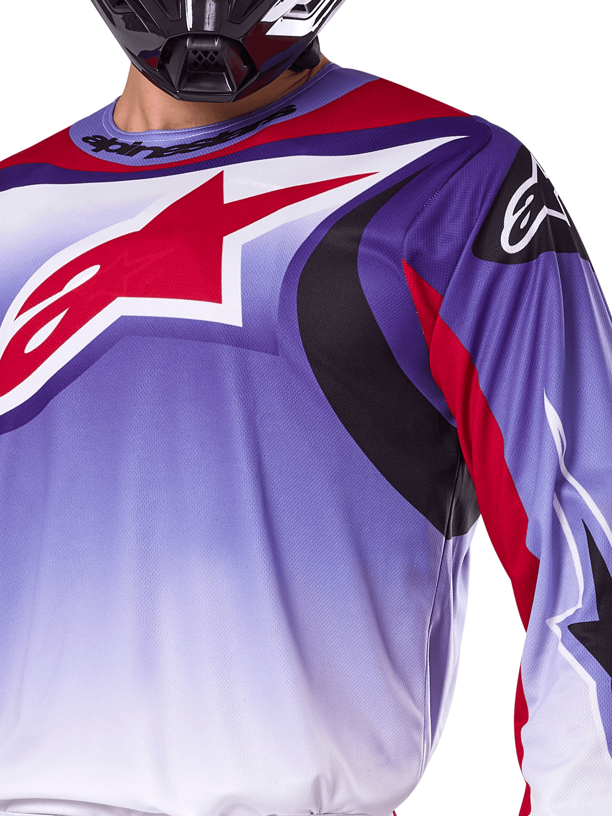 Alpinestars 2025 Fluid Wurx Jersey, Motocross Jersey, Purple and Bright Red, close-up of rider wearing jersey with large red Alpinestars star logo on chest, black and red curved graphic accents, athletic fit for off-road racing