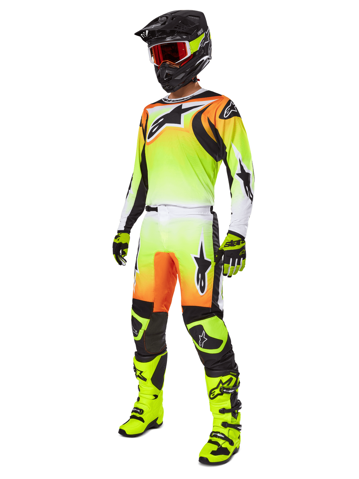 Alpinestars 2025 Fluid Wurx utrustningsset, motocrosskläder, neongul och orange gradient, komplett kit med tröja och byxor, svart hjälm med orangea goggles, neongula stövlar och handskar, atletisk design för offroad-prestanda