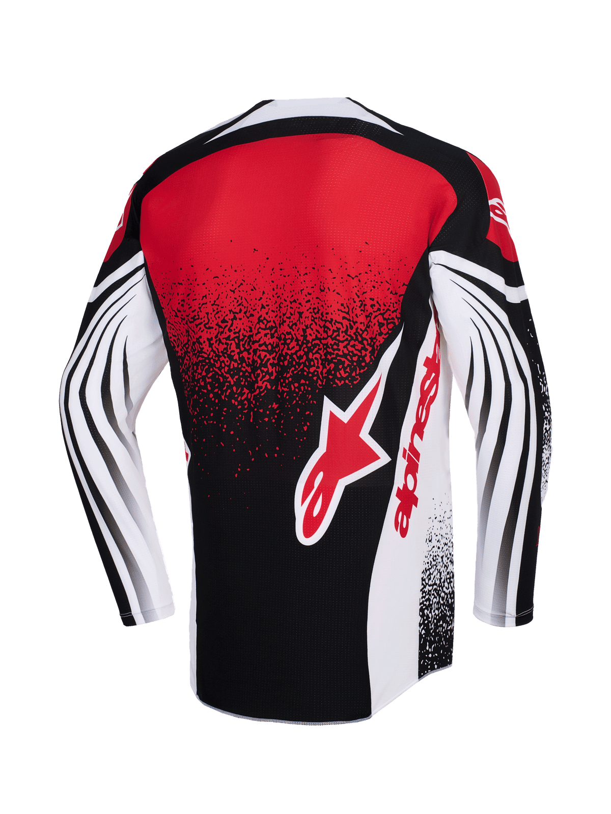 Alpinestars 2026 Techstar Nomur tröja, motocrosströja, svart, vit och röd, vy bakifrån med en stor röd Alpinestars-logotyp, spräcklig gradienteffekt och dynamiska böjda mönster på de långa ärmarna, högpresterande racingkläder