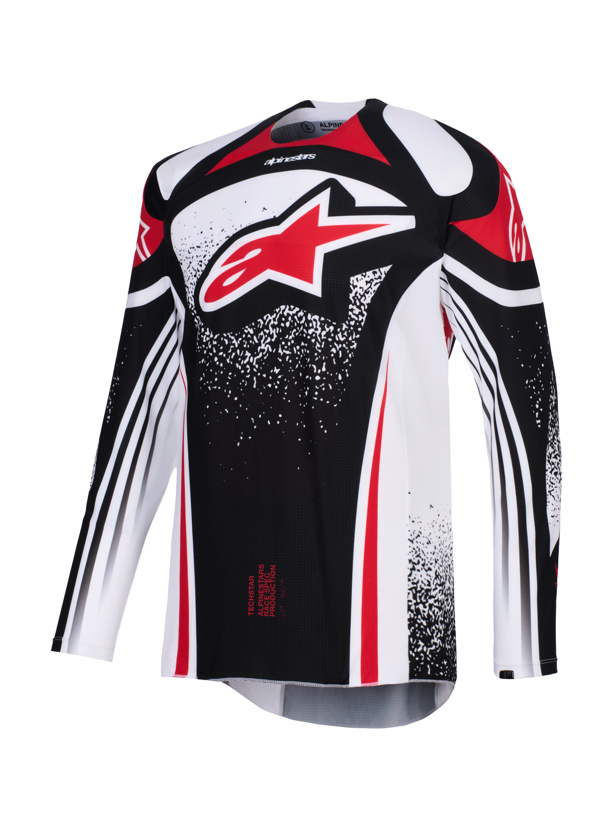 Alpinestars 2026 Techstar Nomur-tröja, motocrosströja, svart, vit och röd, med en stor röd Astars-logotyp på bröstet, stipplade grafiska mönster, långa ärmar och atletisk tävlingspassform för högpresterande terrängkörning.