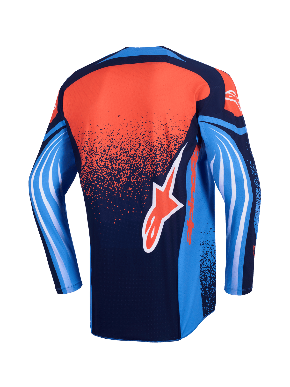 Alpinestars 2026 Techstar Nomur-tröja, motocrosströja, vy bakifrån, mörkblå, orange och UCLA-blå, med en prickig orange gradient på ryggen, blå ärmar med vit vågliknande grafik och en orange Alpinestars-logotyp på nedre delen av ryggen.