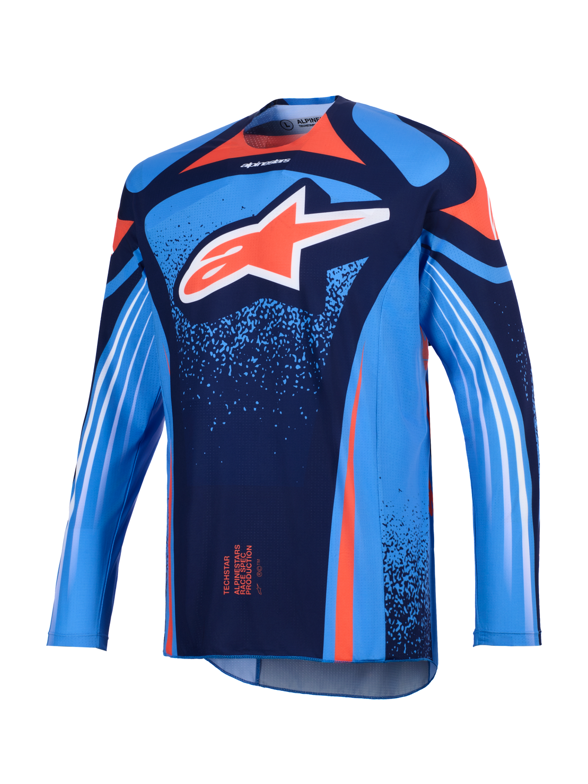 Alpinestars 2026 Techstar Nomur-tröja, motocrosströja, mörkblå och UCLA-blå med orangea detaljer, med en stor vit Astars-logotyp på bröstet och vita diagonala ränder på de långa ärmarna, lättviktig atletisk tävlingspassform för terrängkörning
