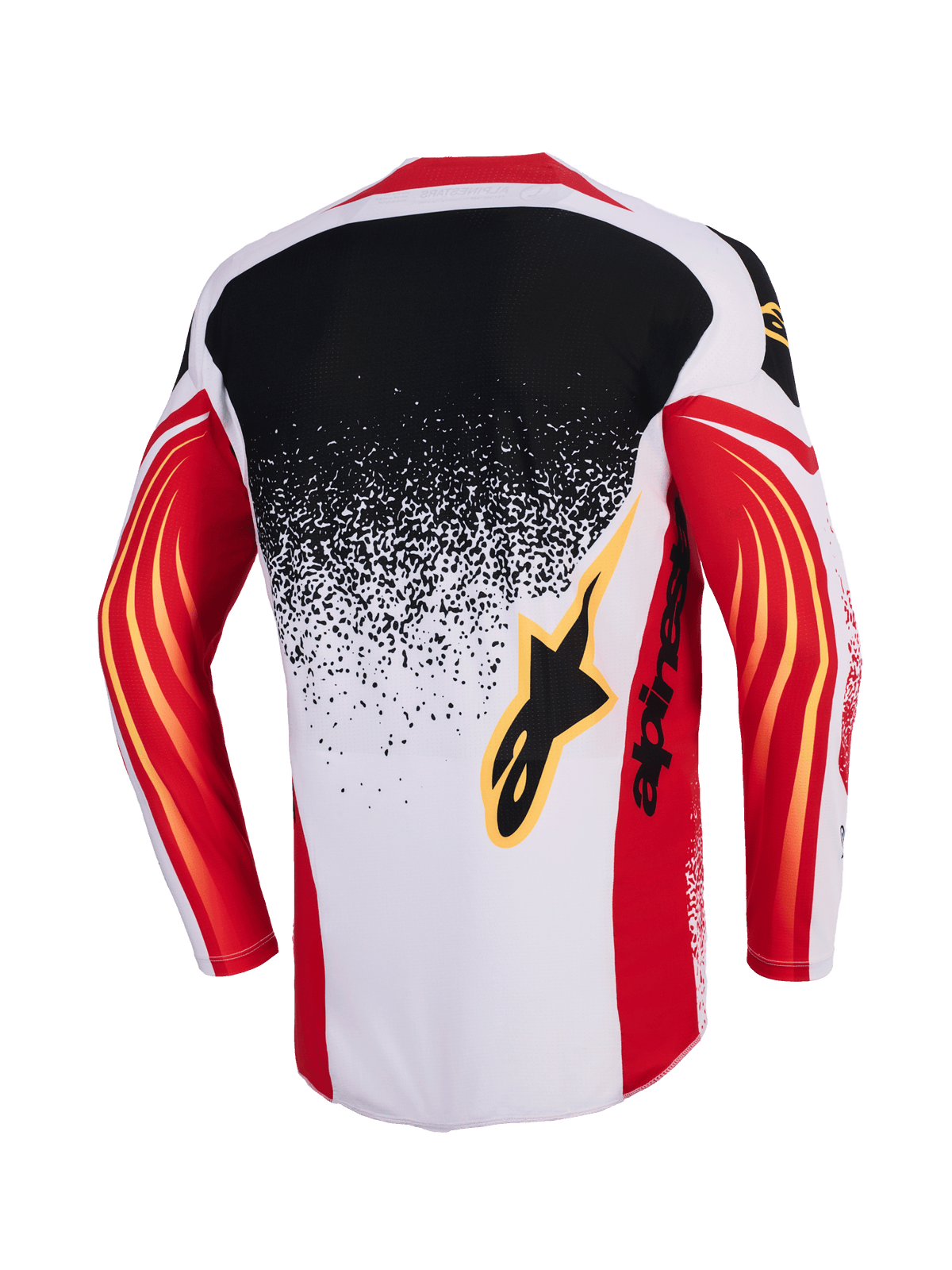 Alpinestars 2026 Techstar Nomur tröja, motocrosströja, ljusgrå, röd och svart, baksida med en svart till ljusgrå tonad splatter-design, röda ärmar med gula böjda detaljer och svart Alpinestars-logotyp på ryggen.