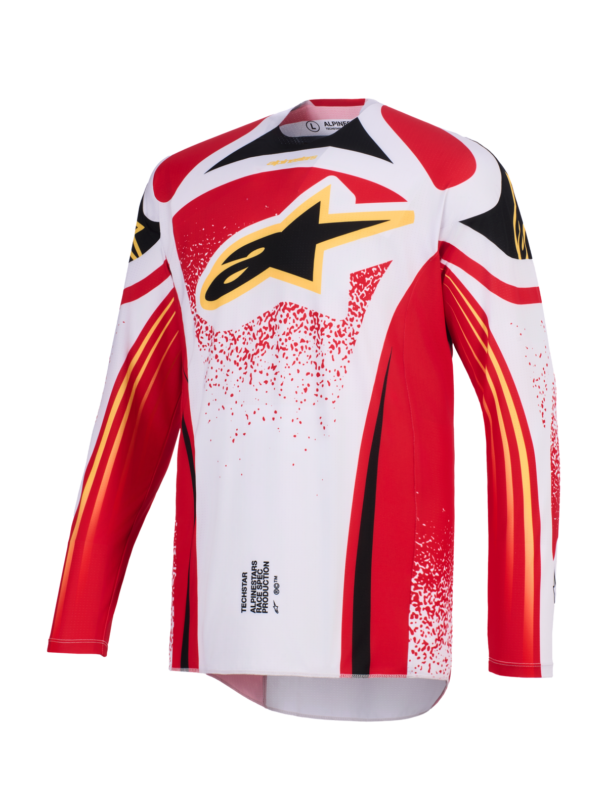 Alpinestars 2026 Techstar Nomur-tröja, motocross-tröja, vit, röd och svart, med en stor svart Astar-logotyp med gul kontur på bröstet, atletisk racingpassform med långa ärmar och prestandagrafik för terrängkörning