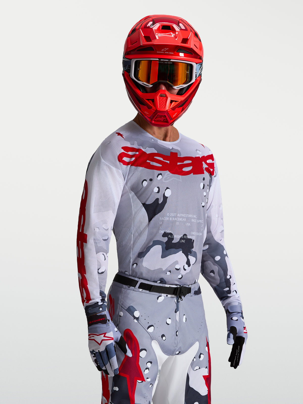 Alpinestars Racer Air Lone tröja, långärmad MX-tröja för herrar i grå camo och röd, ventilerande mesh för motocross.