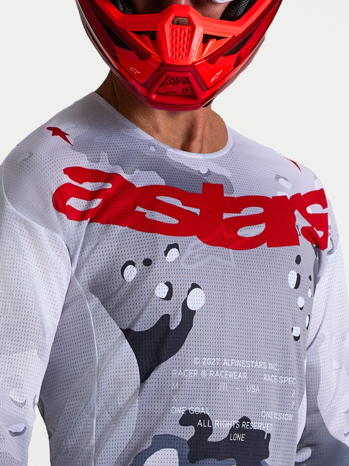 Alpinestars Racer Air Lone tröja, motocrosströja för herr, grå och röd kamouflage, ventilerad mesh för terrängkörning