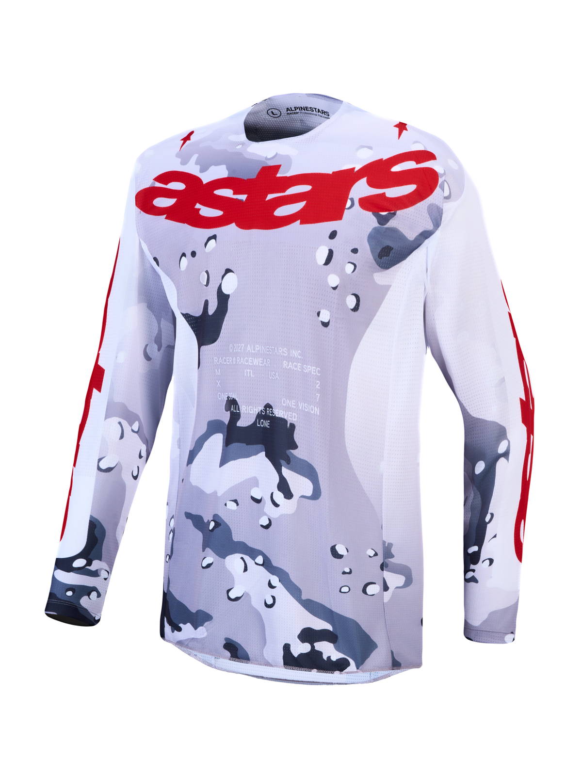 Alpinestars 2027 Racer Air Lone motocrosströja, grå camo och röd design med ventilerat meshtyg för prestation vid terrängkörning