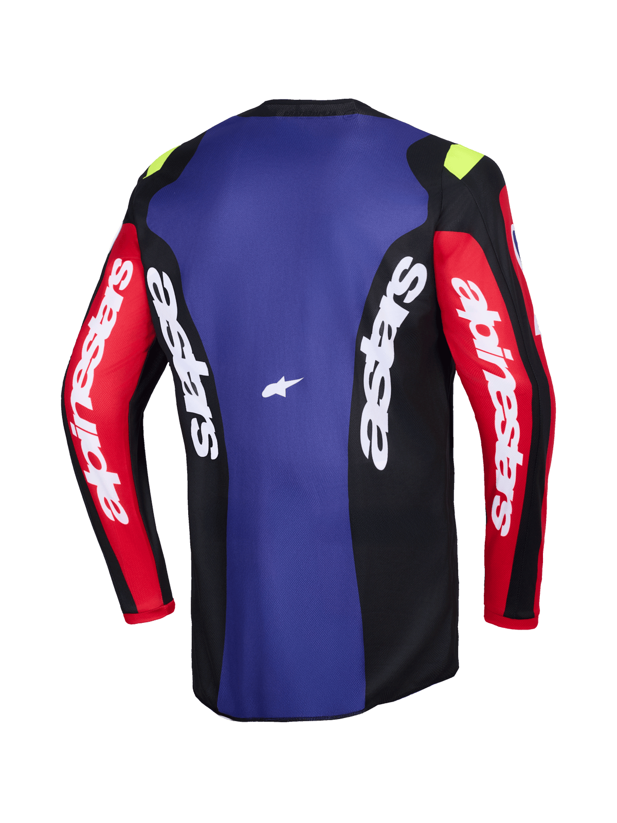 Alpinestars 2026 Fluid Grid Jersey, Rear View, Motocross Jersey in Red, Black, and Purple, featuring white Alpinestars branding on sleeves and side panels, small neon yellow accents on shoulders, technical moisture-wicking off-road apparel