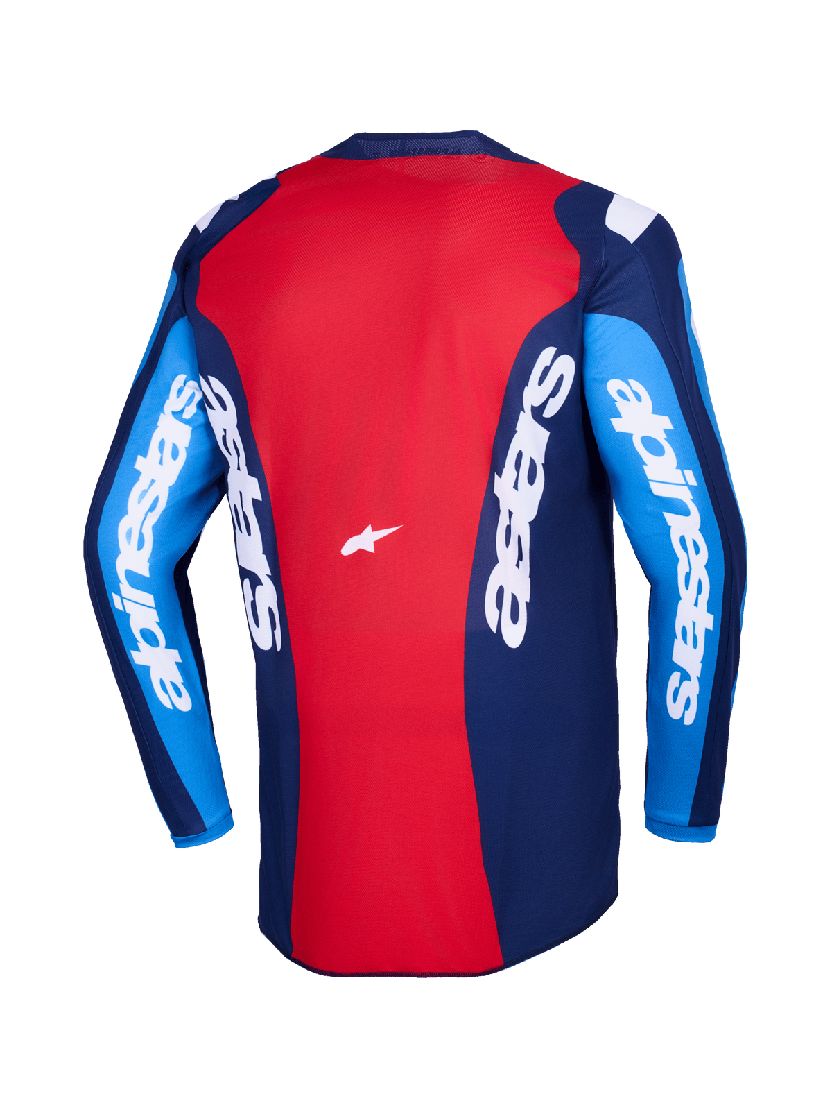 Alpinestars 2026 Fluid Grid-tröja, vy bakifrån, röd och blå motocrosströja, med tydlig vit Alpinestars-logotyp på ärmar och rygg, lättviktig polytygskonstruktion för terrängkörning