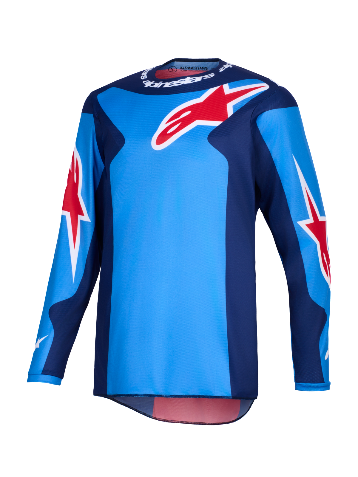 Alpinestars 2026 Fluid Grid tröja, motocrosströja, blå och röd, med stora röda Alpinestars-stjärnlogotyper, mörkblå sidopaneler och lättviktig polytygskonstruktion med förlängt ryggparti för terrängkörning.