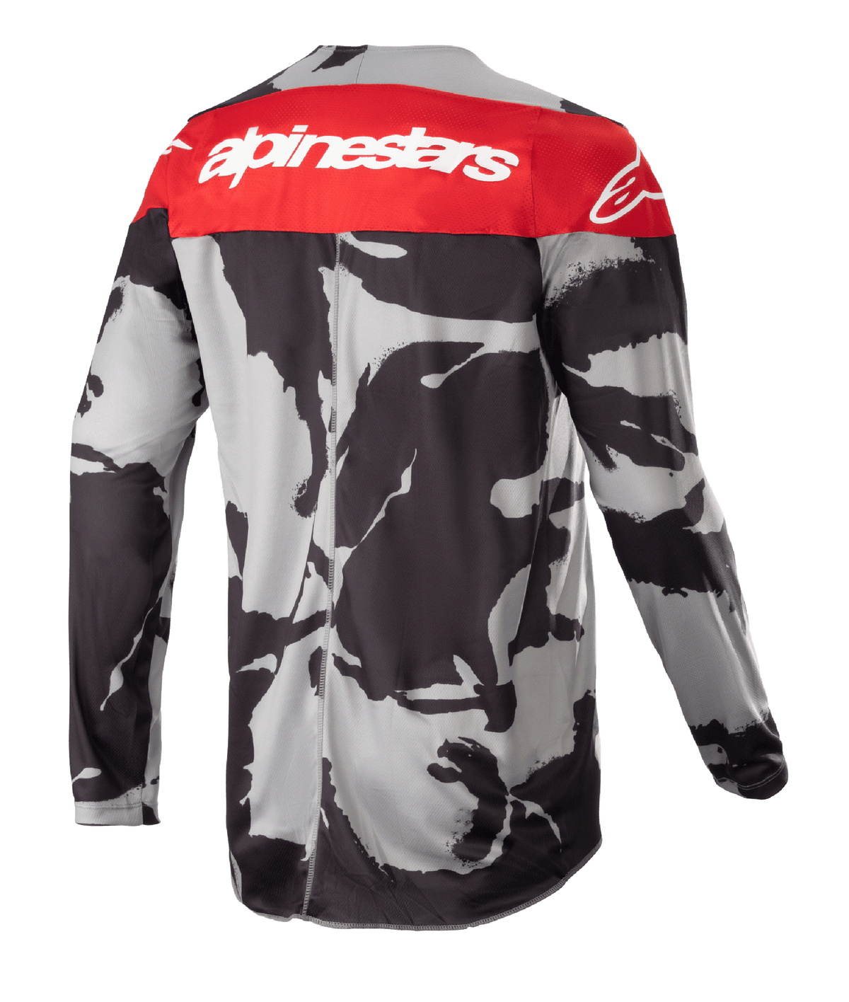 Alpinestars 2023 Racer Tactical-tröja, motocross-tröja, Cast Gray Camo och Mars Red, baksida med en röd övre panel med vit Alpinestars-logotyp och ett grå-svart kamouflagemönster, lätt prestandautrustning för terrängkörning