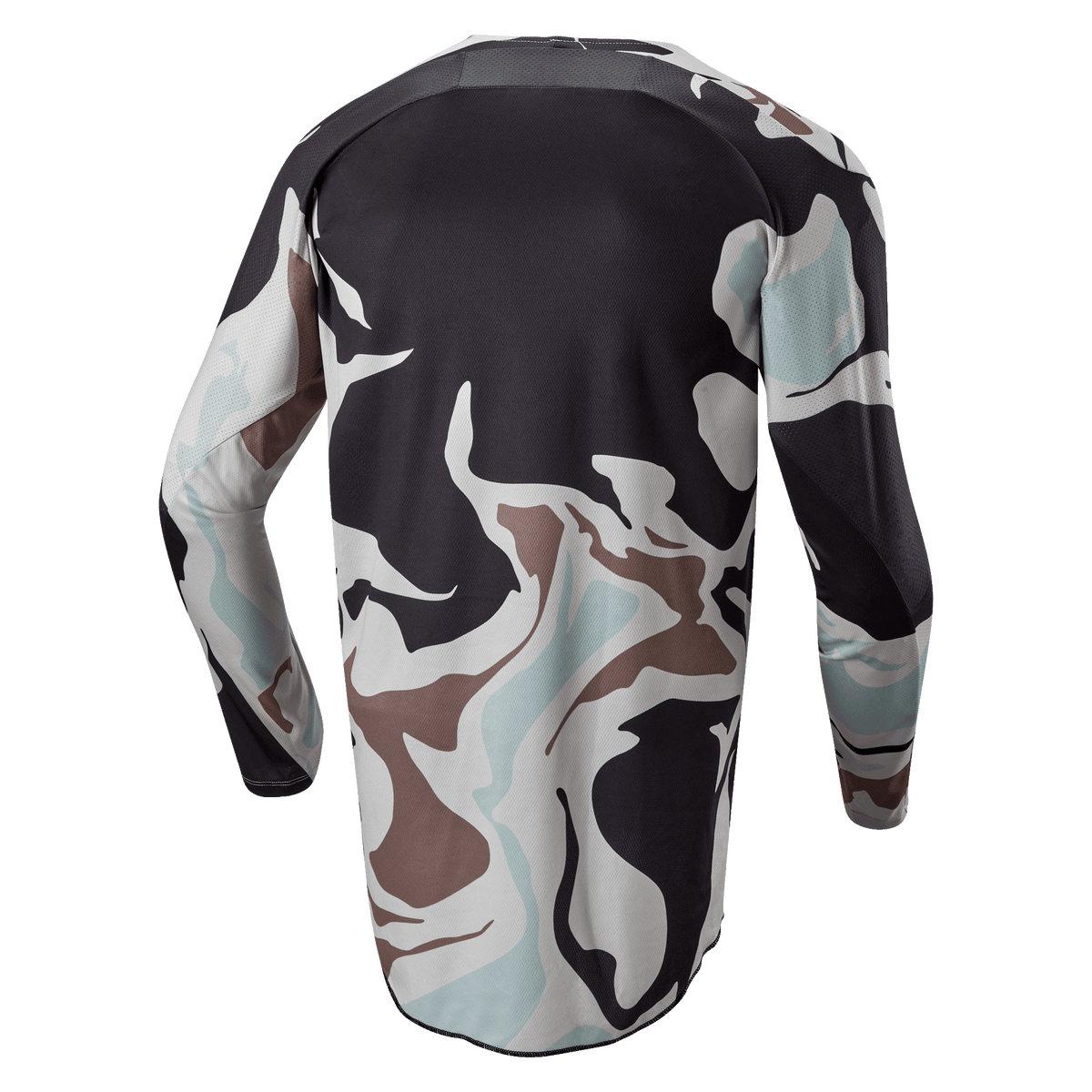 Alpinestars 2024 Racer Tactical-tröja, Iron Camo Dust Gray, baksida av långärmad motocrosströja med kamouflagemönster i grått, svart, ljusblått och tan, förlängd bakre fåll för ökad täckning.