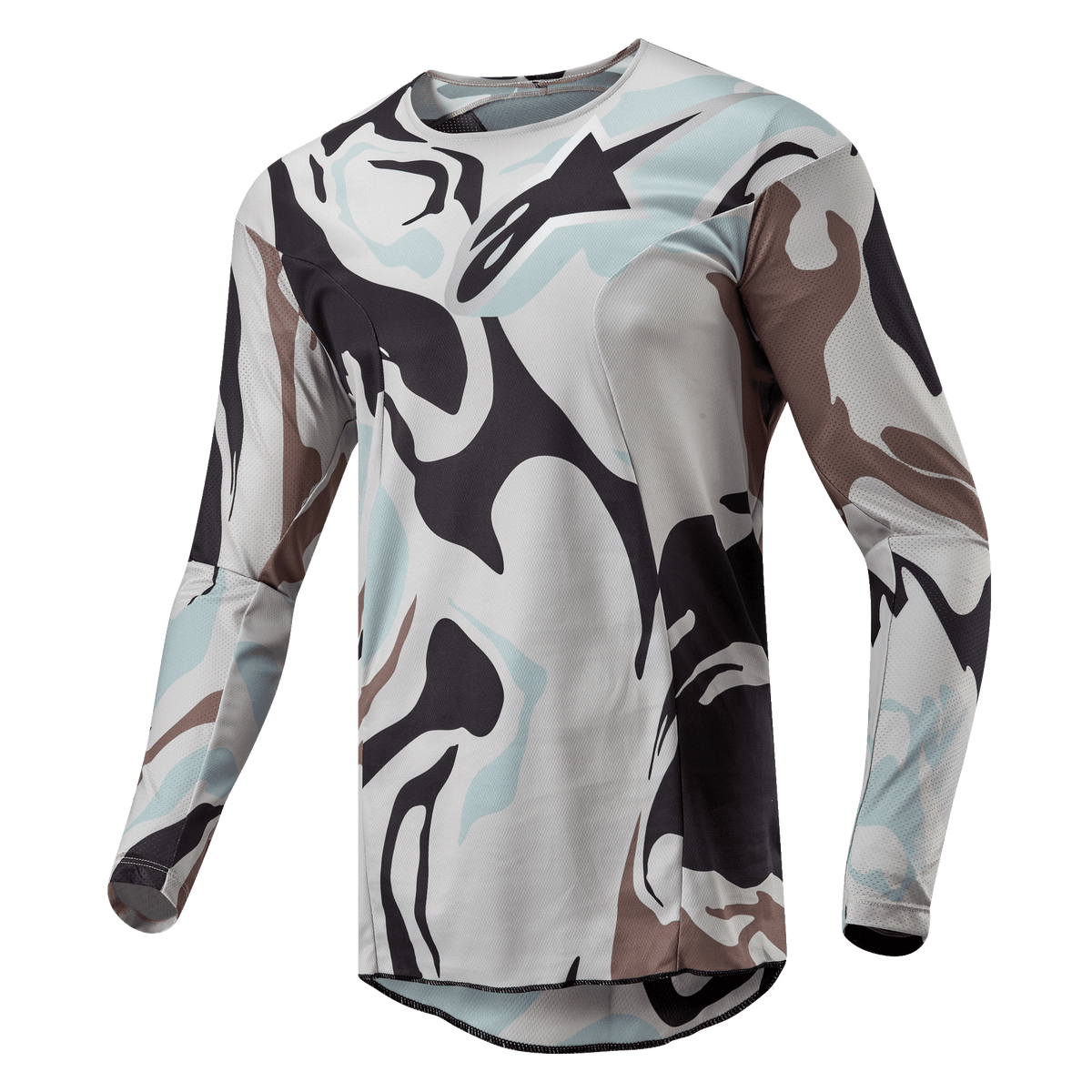 Alpinestars 2024 Racer Tactical tröja, motocrosströja, Iron Camo Dust Gray, med ett djärvt kamouflagemönster i ljusgrå, mörkgrå och blekblå toner, lätt poly-tygkonstruktion med ventilerande meshinsatser, ergonomisk sportpassform.