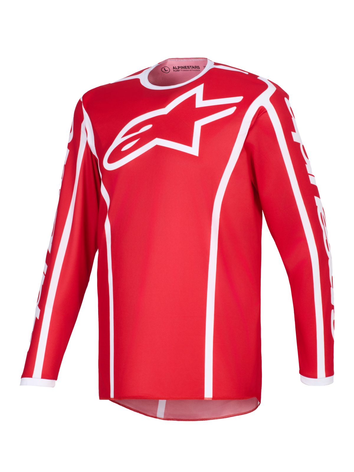Alpinestars 2026 Fluid Apex tröja, motocrosströja, röd och vit, med en stor vit A-star-logotyp på bröstet, vit sportkrage, vertikala detaljer och förlängt ryggparti för terrängkörning