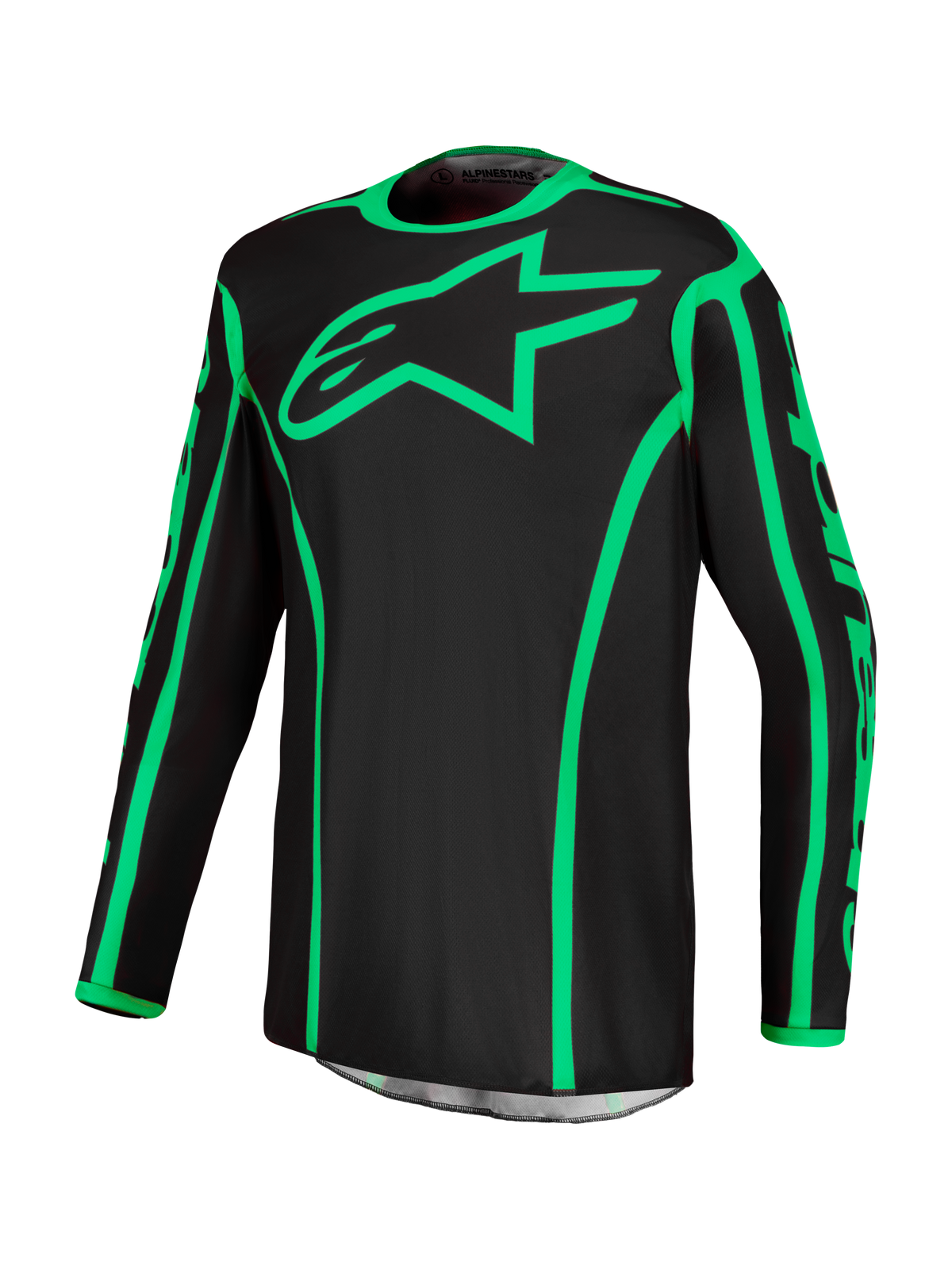 Alpinestars Fluid Apex V2 Tröja, motocrosströja för herr, svart och neongrön, fukttransporterande polytyg med stor stjärnlogotyp och atletisk passform för terrängkörning.