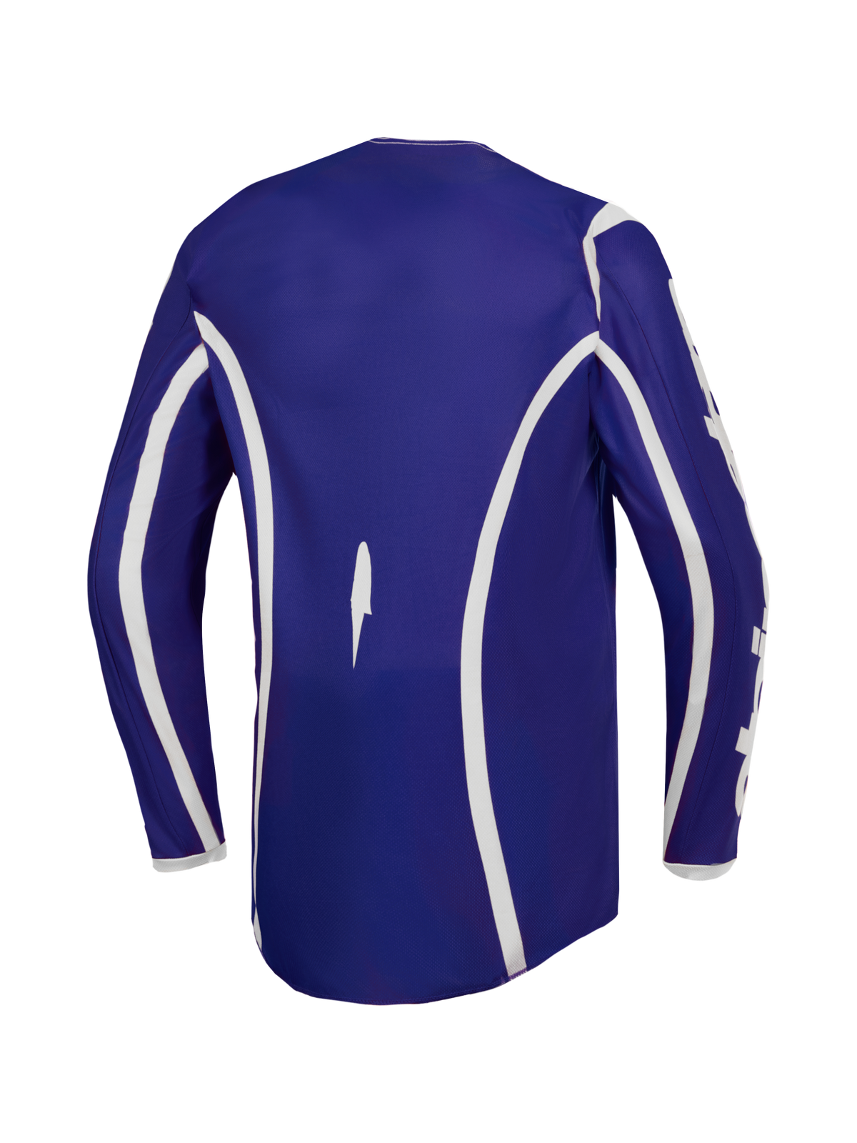 Alpinestars Fluid Apex V2 tröja, motocrosströja för herrar, blå och vit, vy bakifrån med förlängd ryggpanel för terrängkörning.