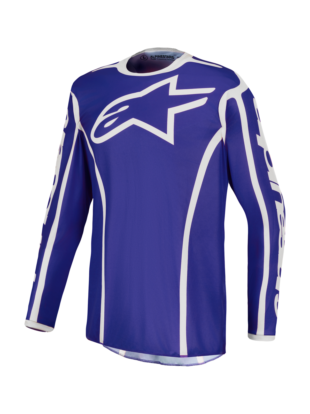 Alpinestars Fluid Apex V2 tröja, blå och vit motocrosströja för herrar i fukttransporterande polytyg med atletisk passform.