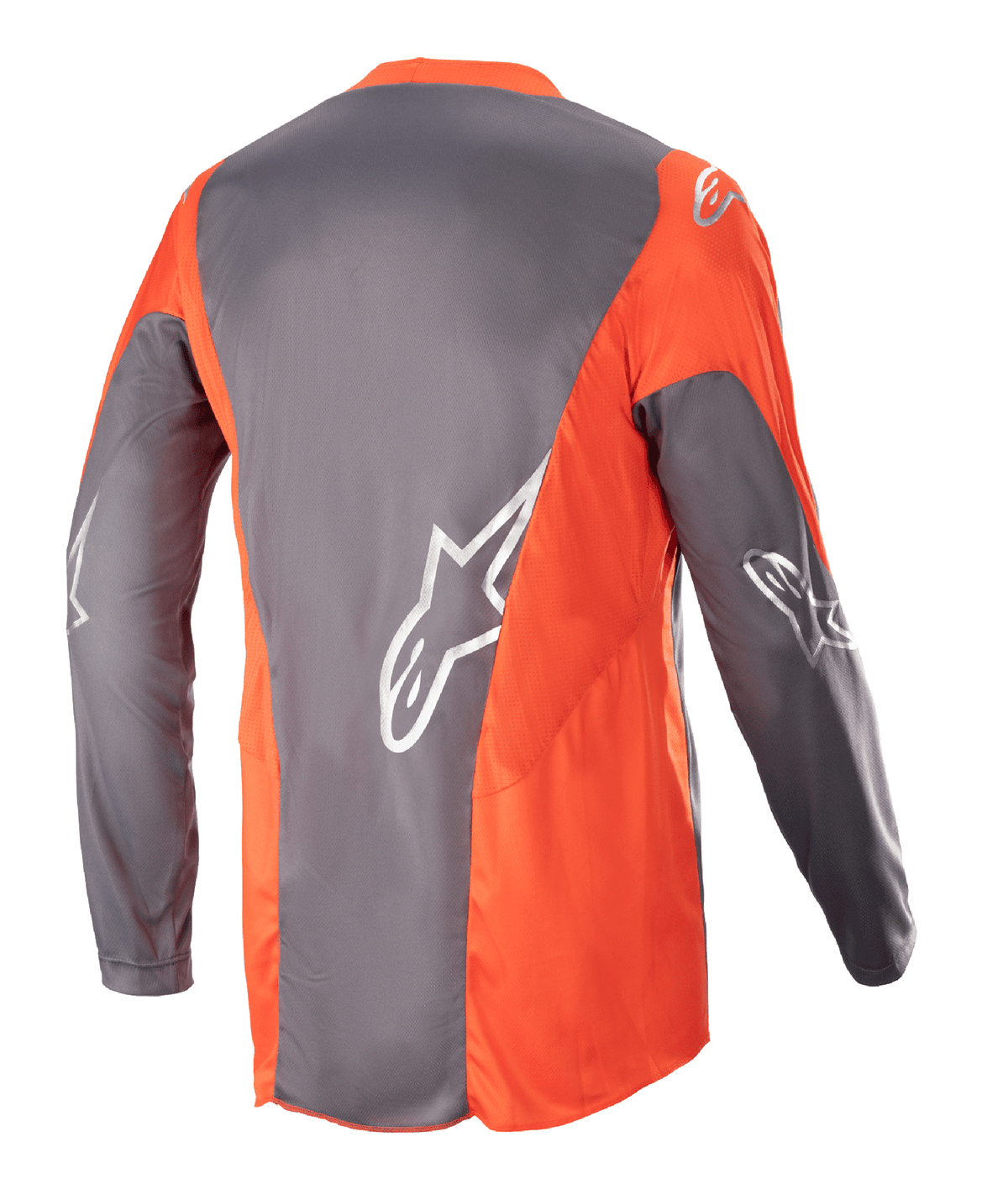 Alpinestars 2023 Racer Hoen tröja, motocrosströja, Magnet Hot Orange, ryggvy som visar gråa och orangea paneler med silverfärgade Astars-logotyper på ärmarna och ryggen, högpresterande terrängkläder