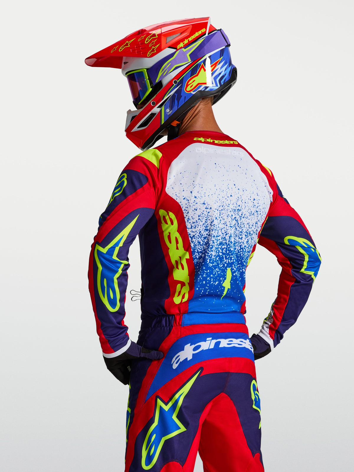 Alpinestars Fluid Drag tröja, blå och röd motocrosströja för herr, lätt material med andningsfunktion för terrängkörning.