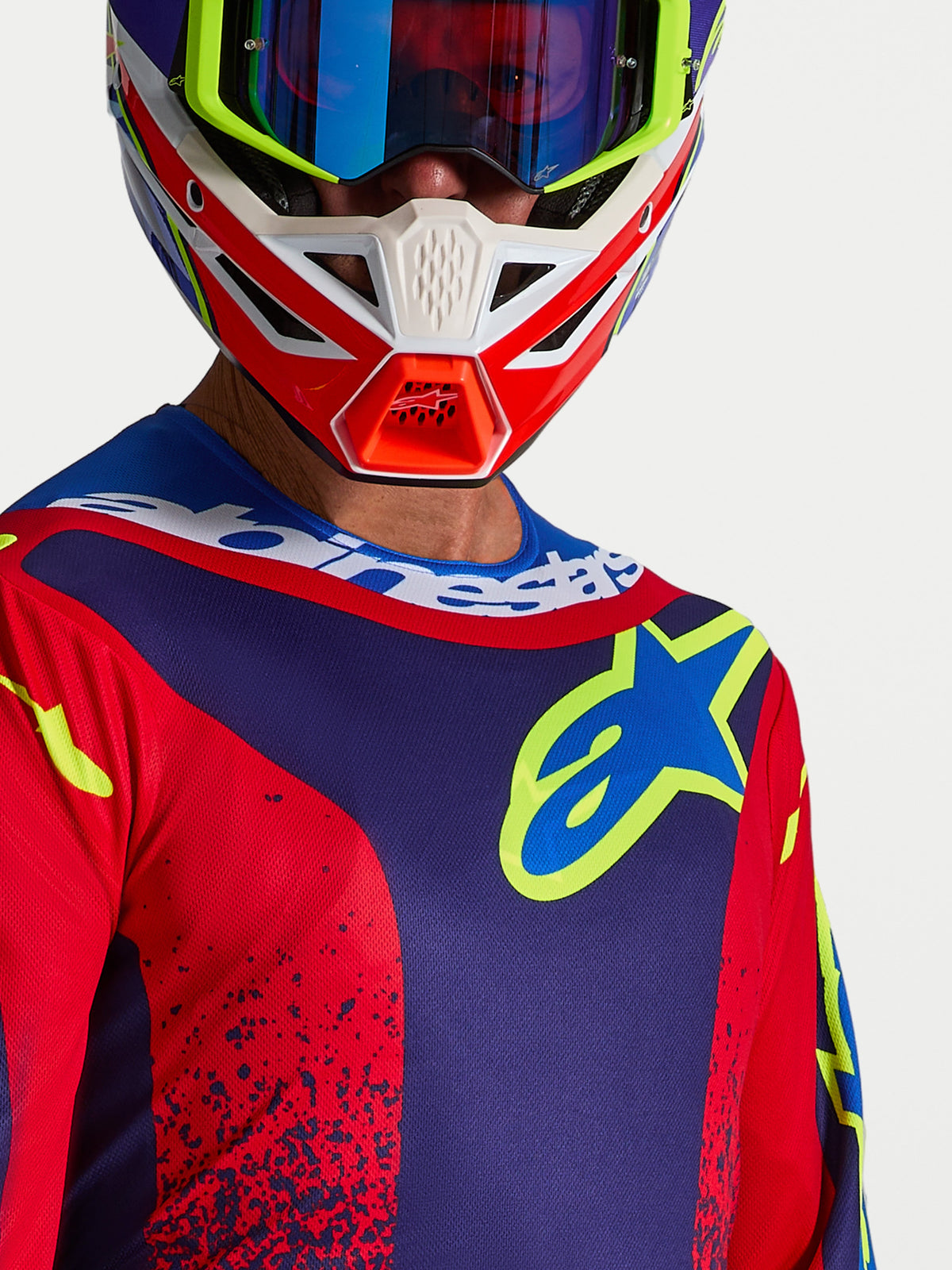 Alpinestars Fluid Drag tröja, marinblå och röd motocrosströja för herrar med bröstlogotyp och sportkrage för terrängkörning.