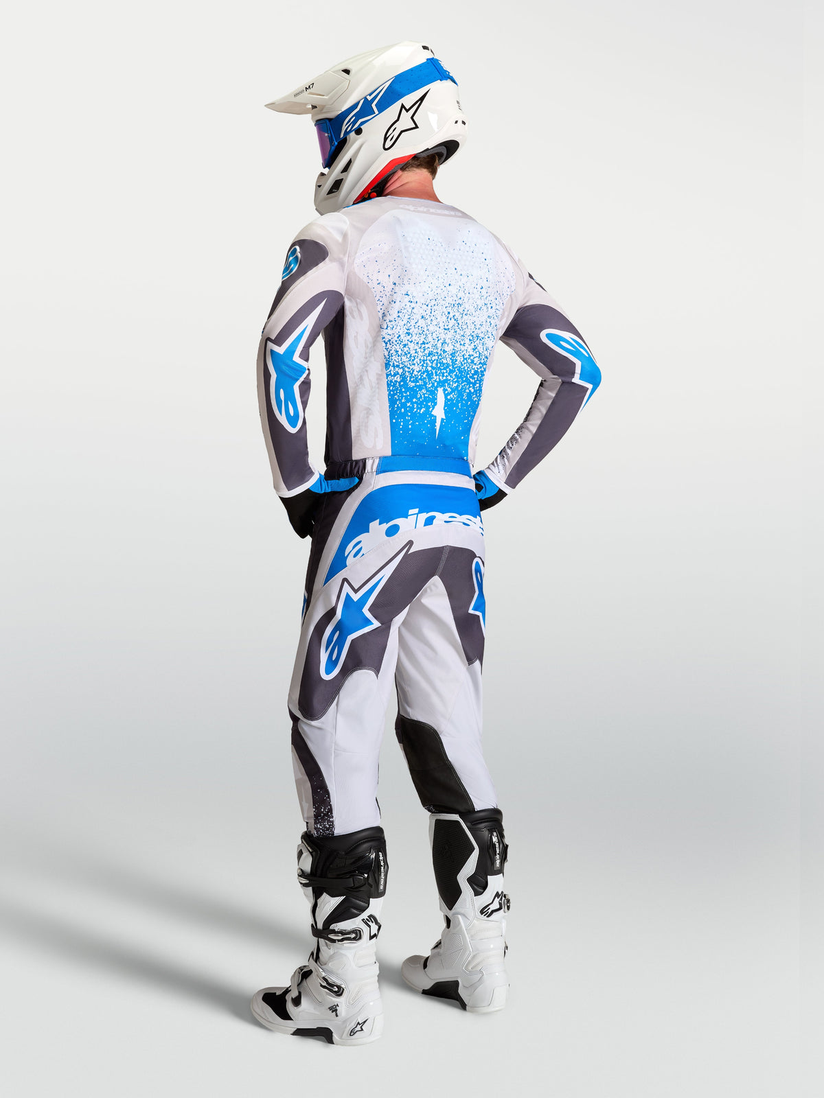 Alpinestars 2027 Fluid Drag Gear Set, Men's Motocross Jersey and Pants in Gray and Blue, rear view of performance MX gear.