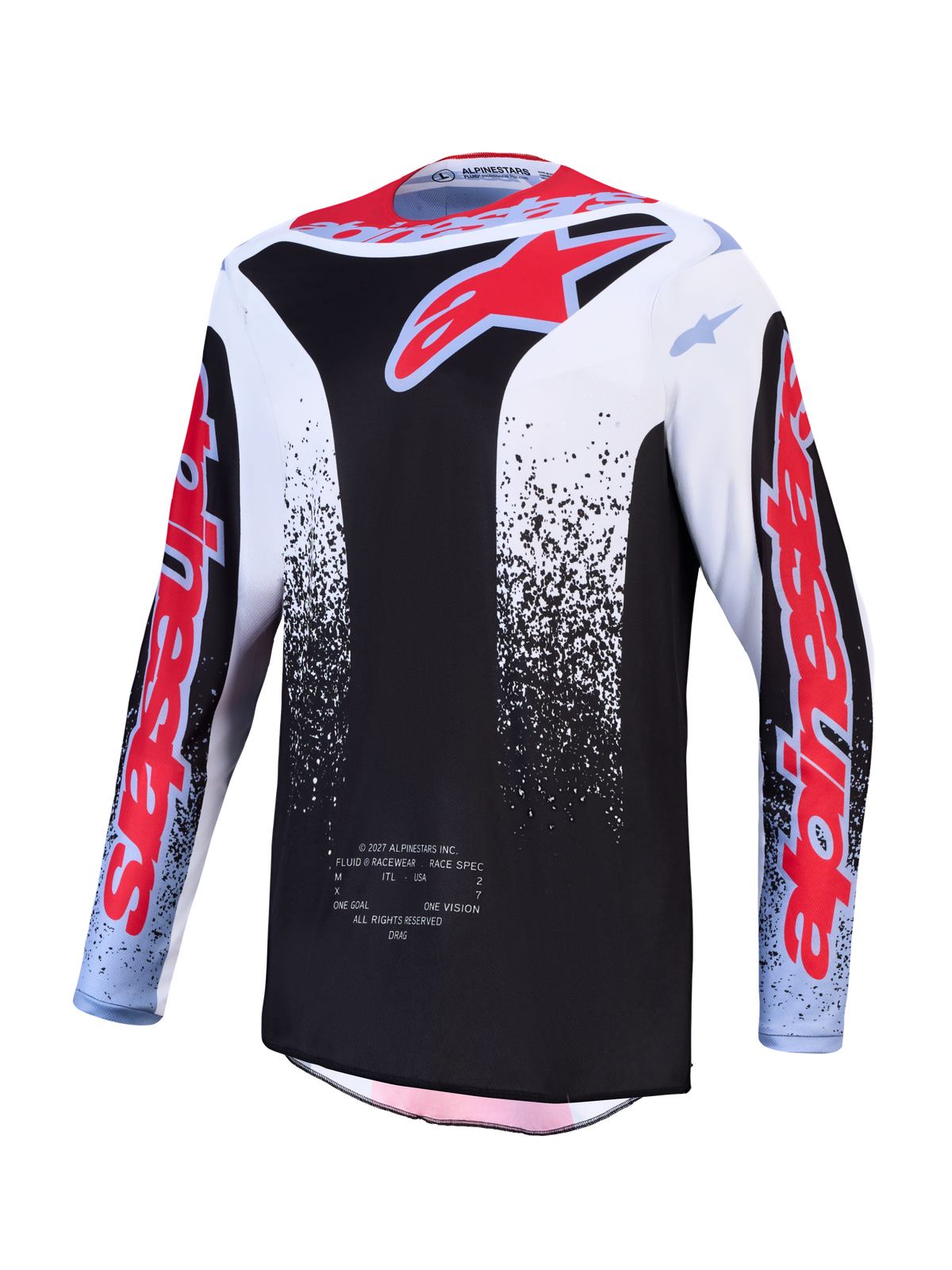 Alpinestars 2027 Fluid Drag tröja, svart och vit motocrosströja för herrar med röd grafik och fukttransporterande tyg.