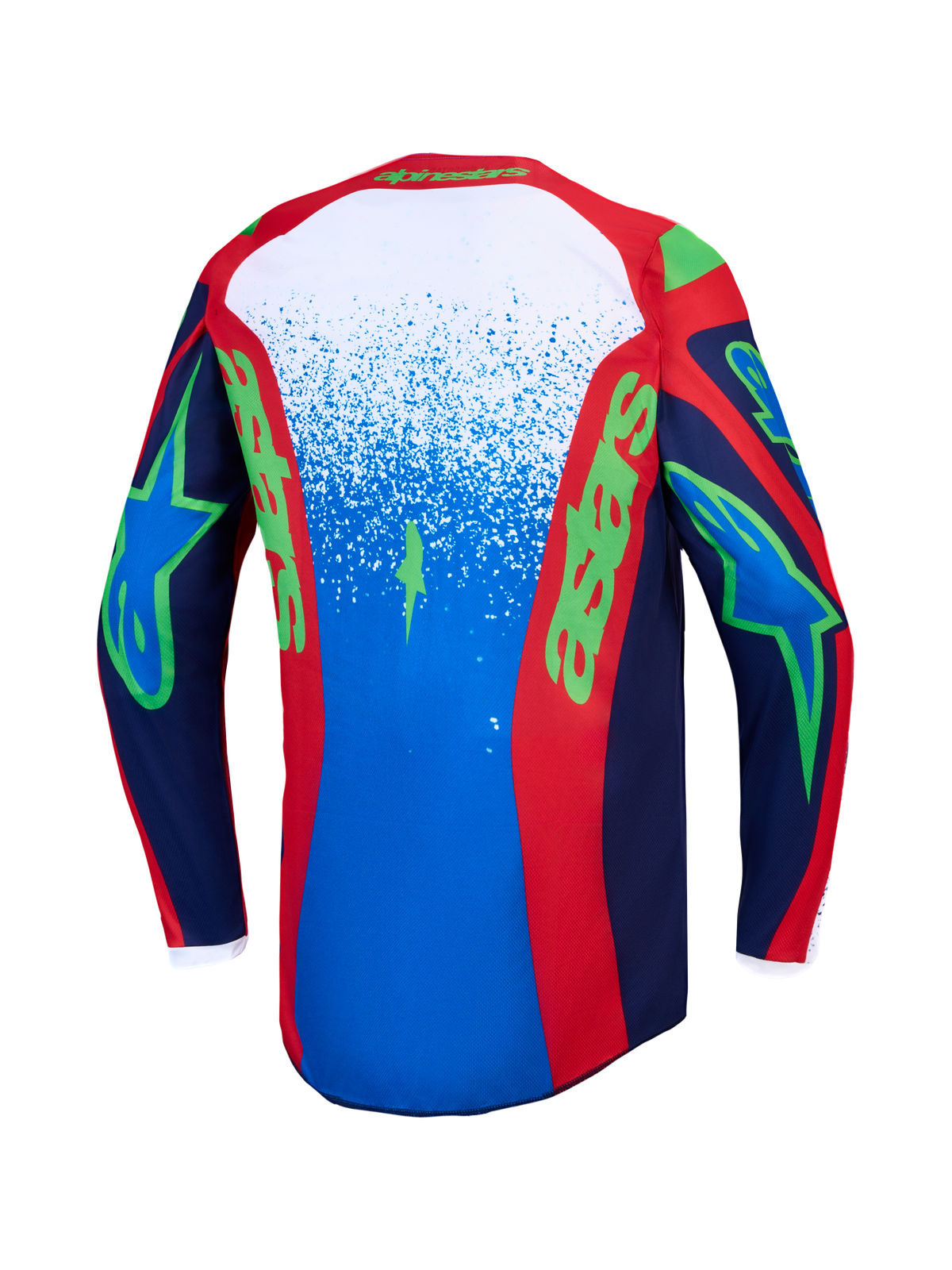 Alpinestars Fluid Drag tröja, motocrosströja för herr, mörkblå och röd med grön grafik, vy bakifrån.
