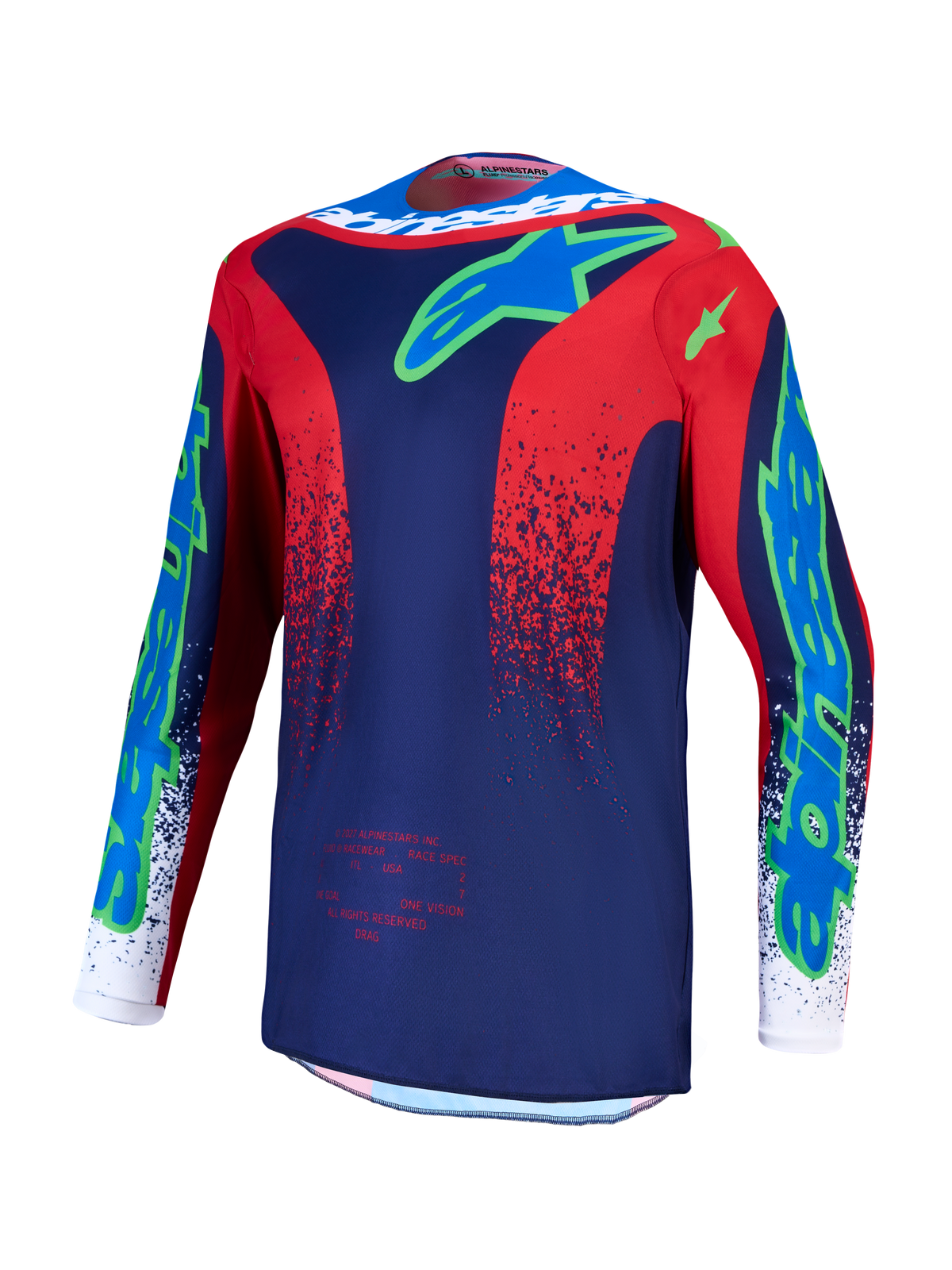 Alpinestars Fluid Drag tröja, motocrosströja för herrar, mörkblå och röd, andningsbart fukttransporterande polytyg.