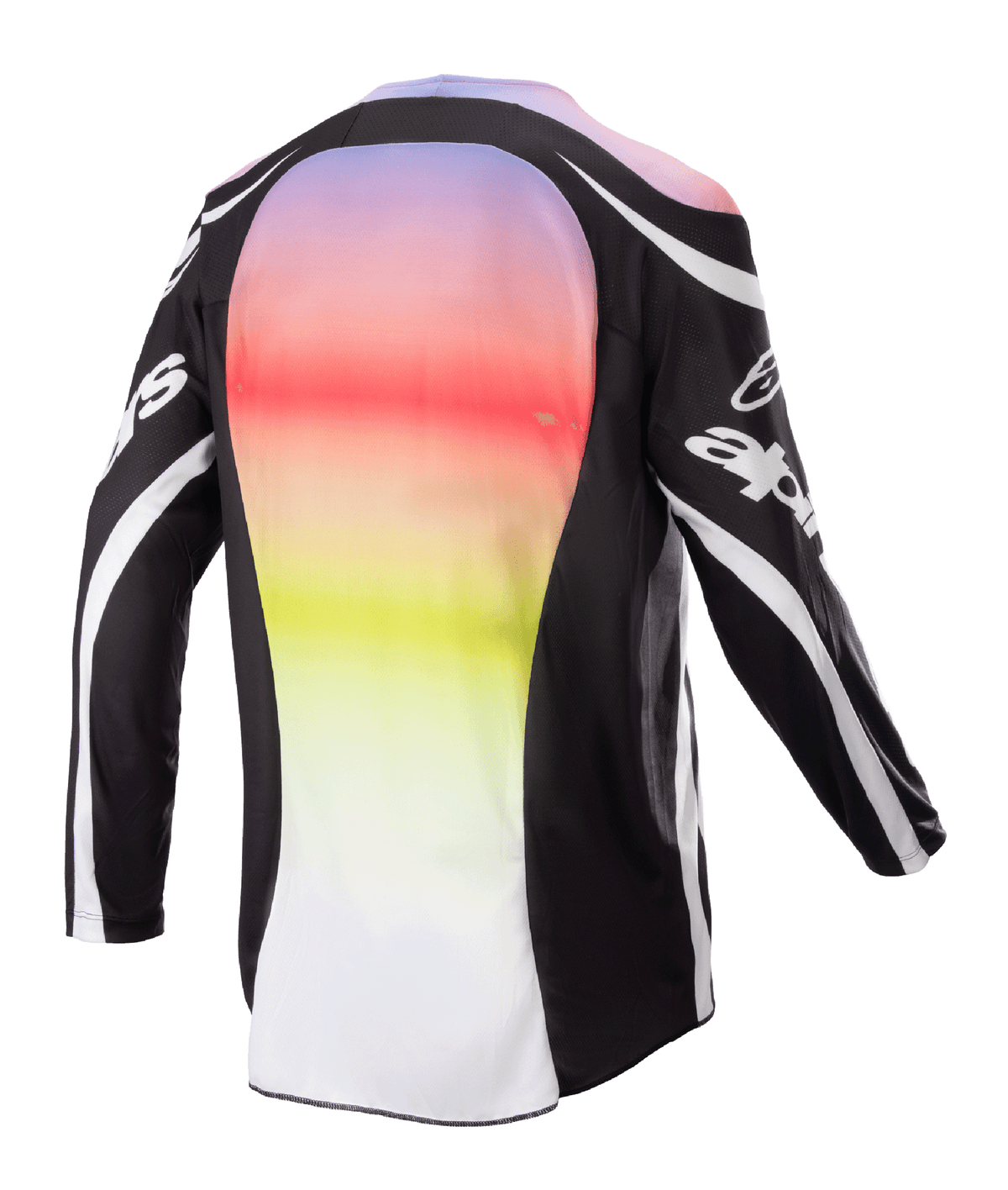 Alpinestars 2023 Racer Semi-tröja, motocrosströja, svart multifärgad, vy bakifrån med ett stort centralt parti med en livfull gradient från lila till gult, svarta ärmar och axlar med vita logotypdetaljer och böjda linjer, designad för terrängprestanda