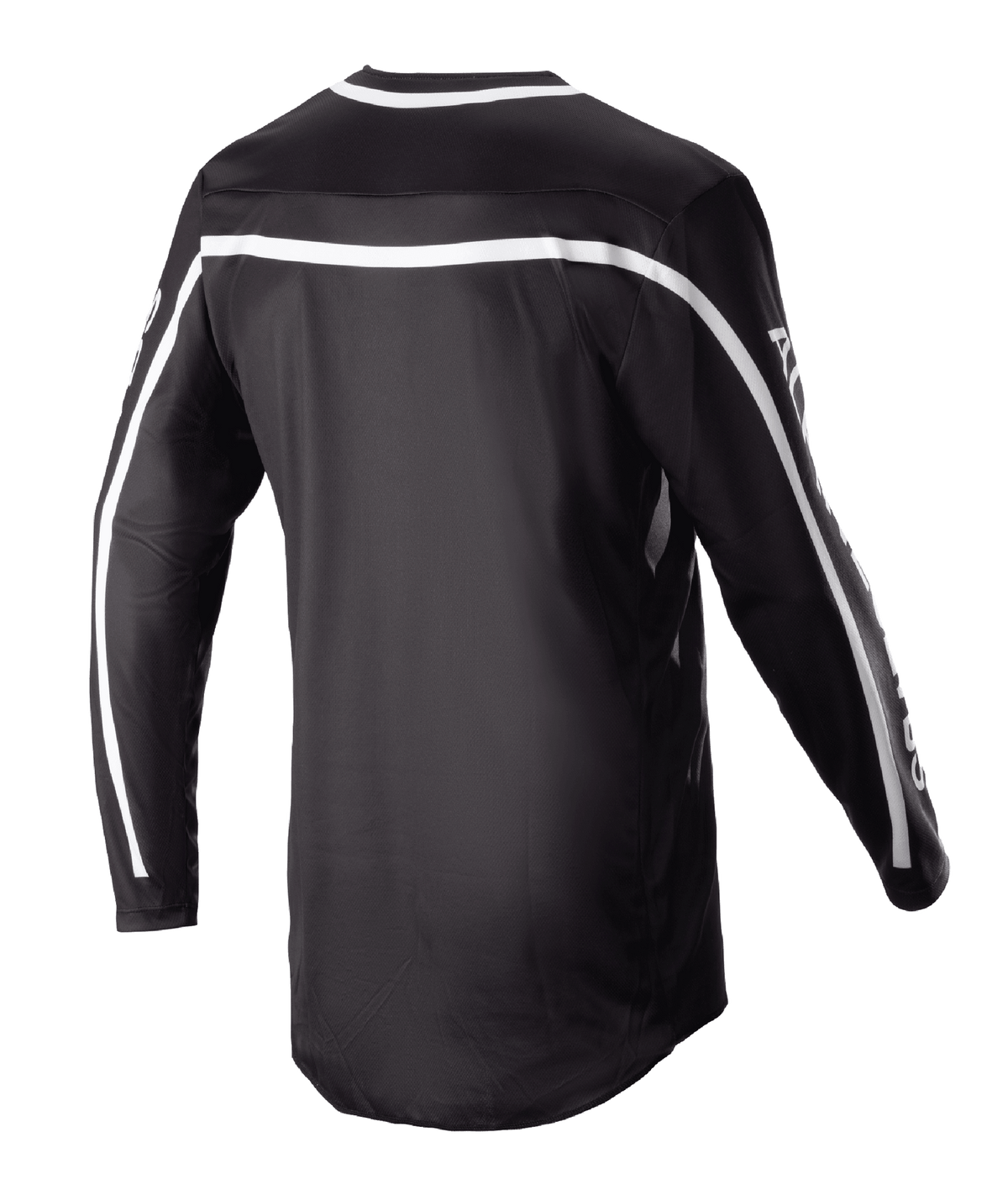 Alpinestars 2023 Racer Found-tröja, svart motocrosströja, baksida med vita ränder över axlar och ärmar, långärmad design med förlängt ryggparti för täckning, lätt och ventilerande funktionsutrustning