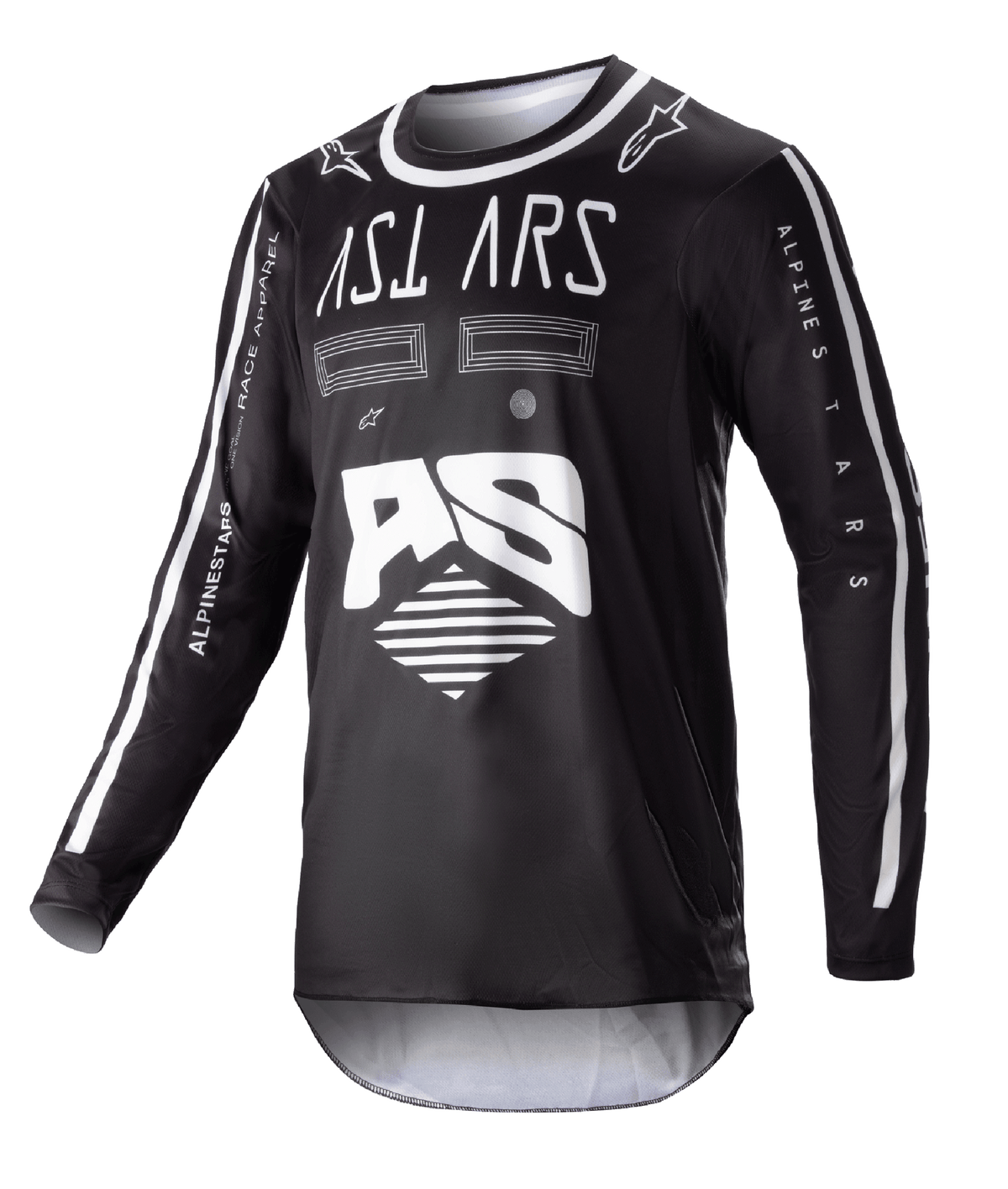 Alpinestars 2023 Racer Found Jersey, svart långärmad motocrosströja, vit abstrakt grafik och stor AS-logotyp, ASTARS-branding på bröstet, vitkantad rund krage, prestandakläder för racing