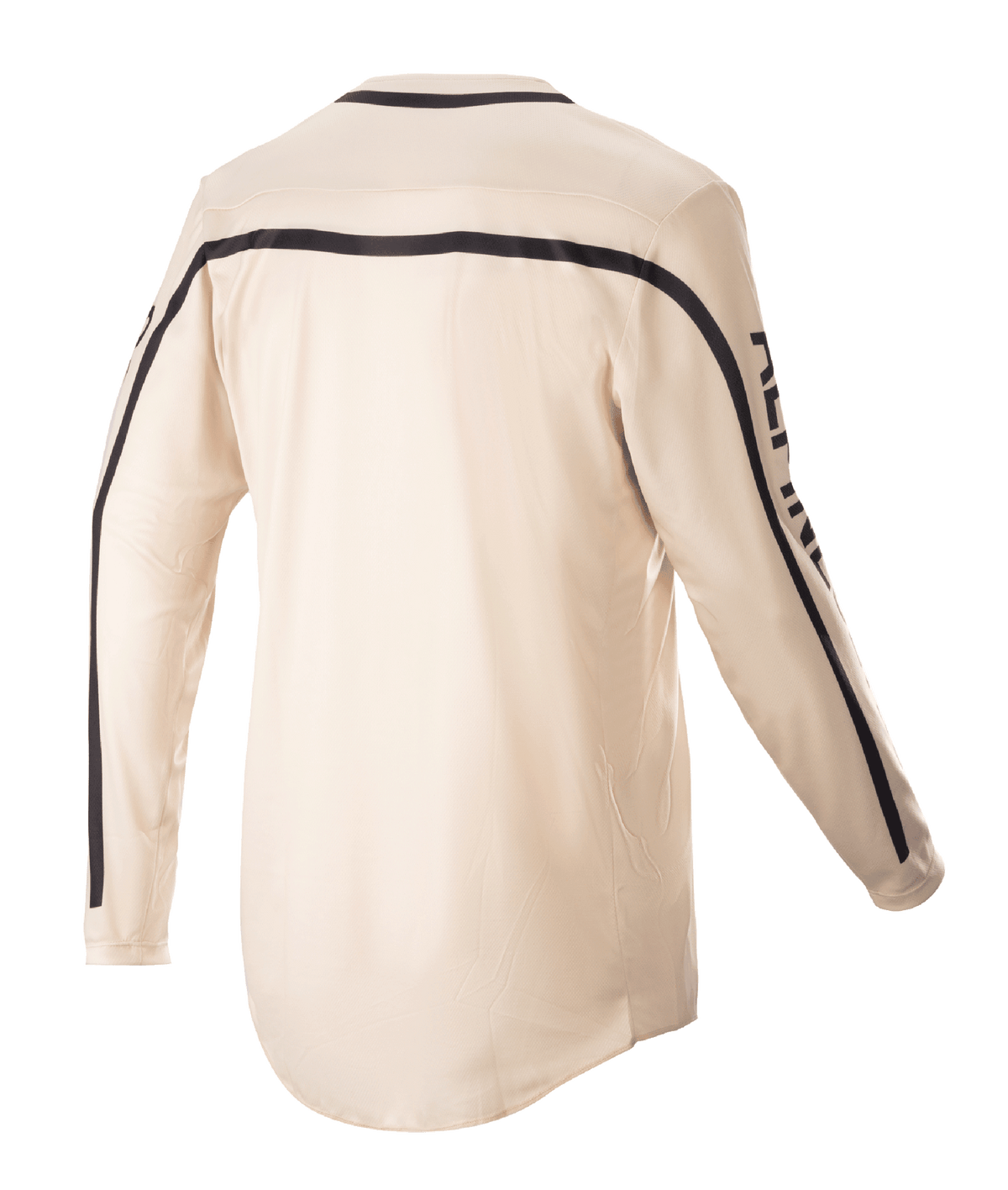 Alpinestars 2023 Racer Found tröja, motocrosströja, Mountain (beige), sedd bakifrån, med svarta ränder över axlarna och ner längs ärmarna, ergonomisk skärning med ett längre ryggparti för täckning vid körning